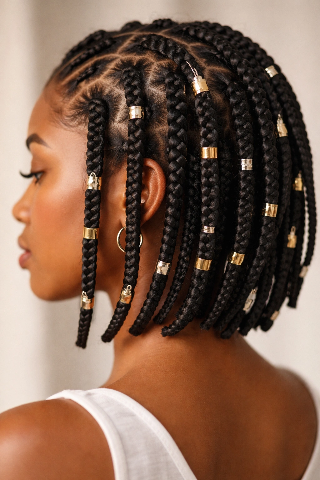 Short hair with braids featuring gold and silver cuffs along the braids