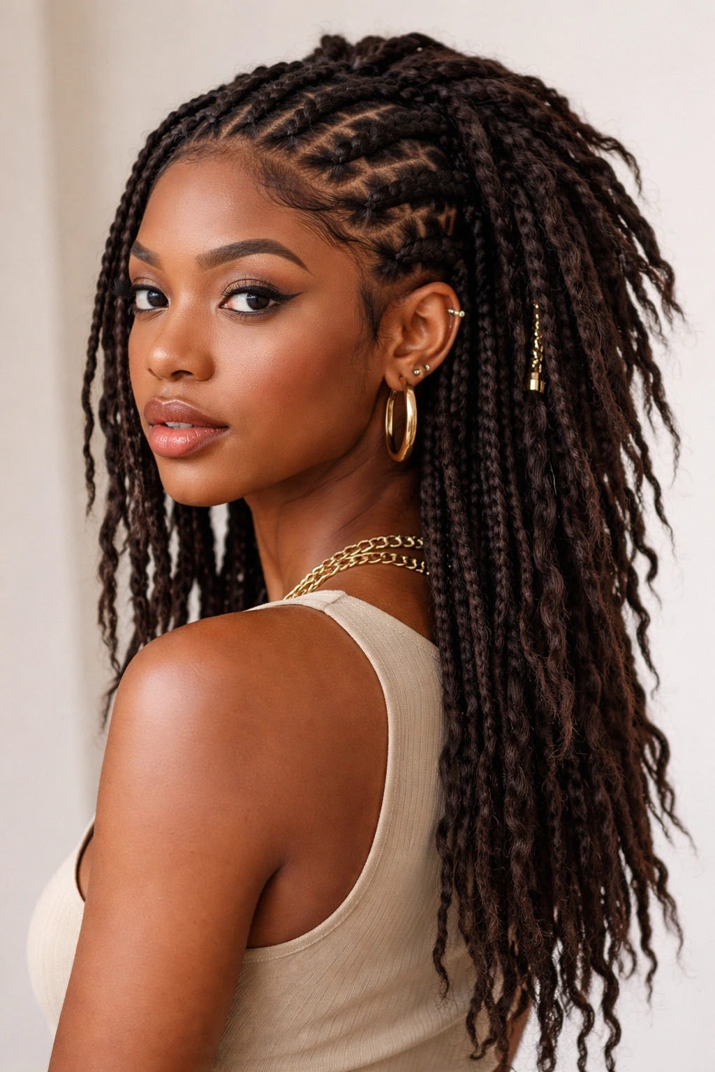Portrait of a mullet loc with integrated braids throughout the front or back sections