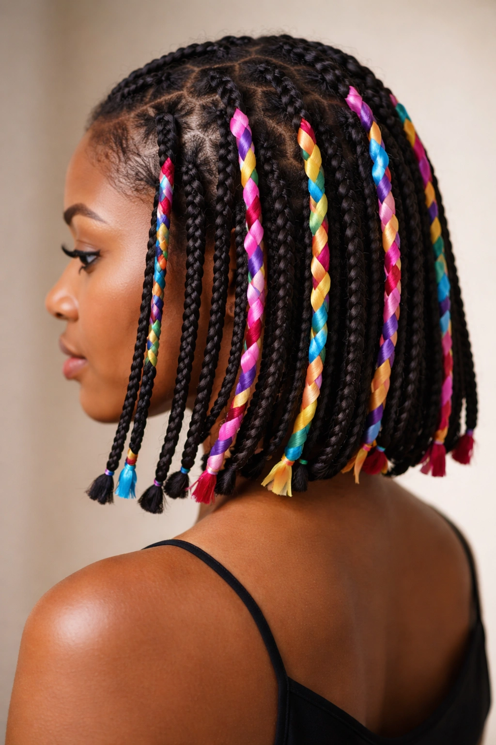 Close-up of braids with colorful ribbons woven through them
