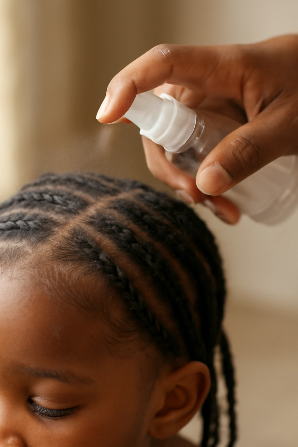 Close-up of caregiver spraying toddler's braided scalp for moisture