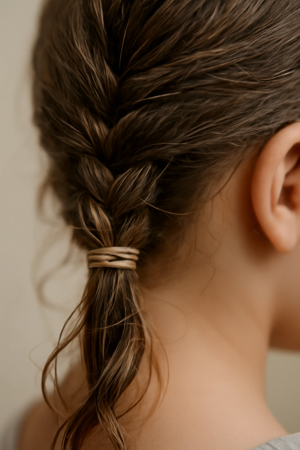 Macro close-up of a braid secured with elastic and a hidden bobby pin