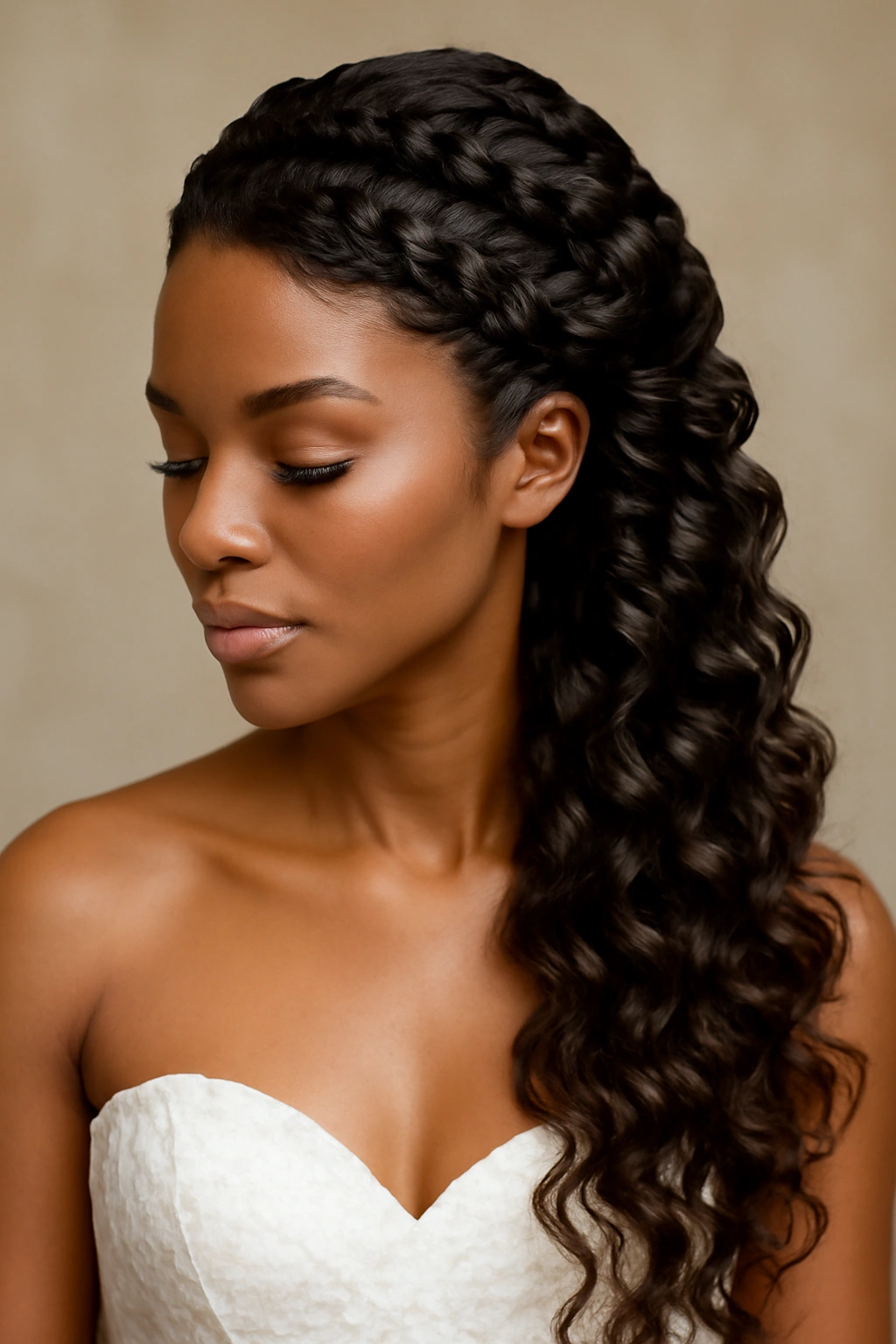 Side-swept braids with cascading curls on one side