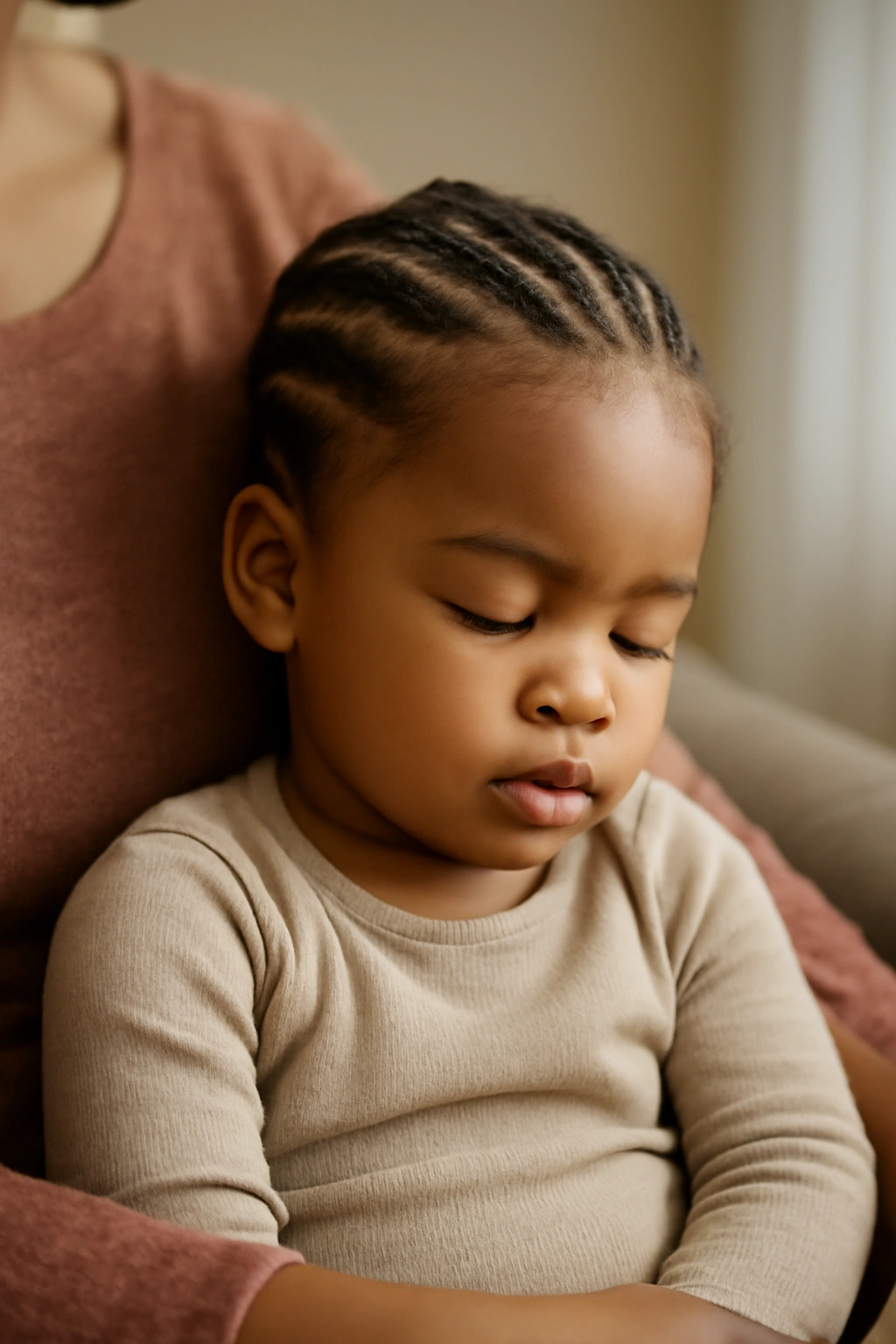 Toddler with braided hair resting with caregiver in a cozy home setting