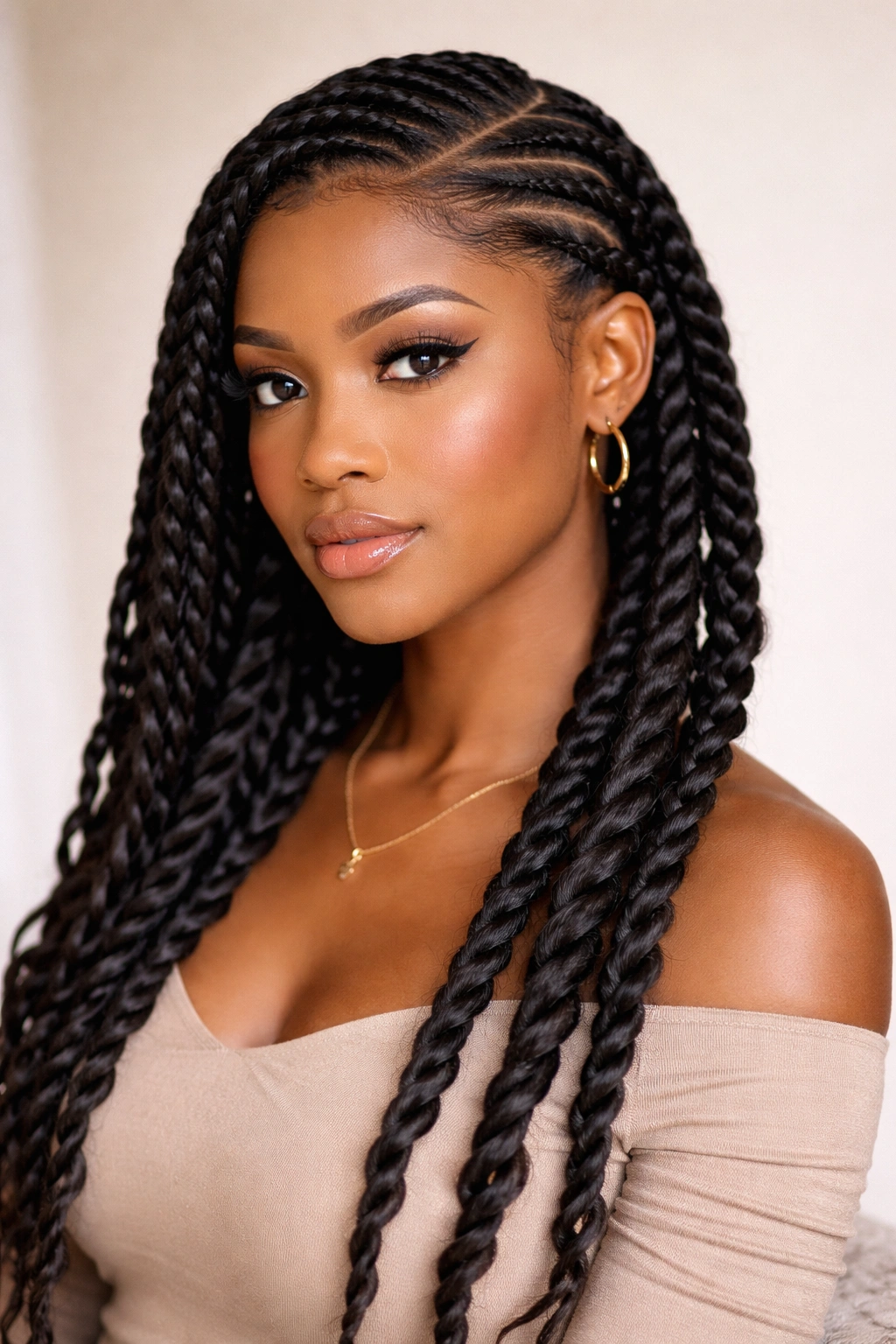 Two braids starting from a side part transitioning into twists along the length