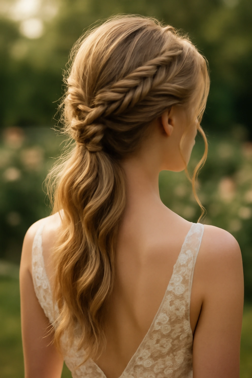 Close-up of an Ethereal Braided Ponytail with loose strands in garden light