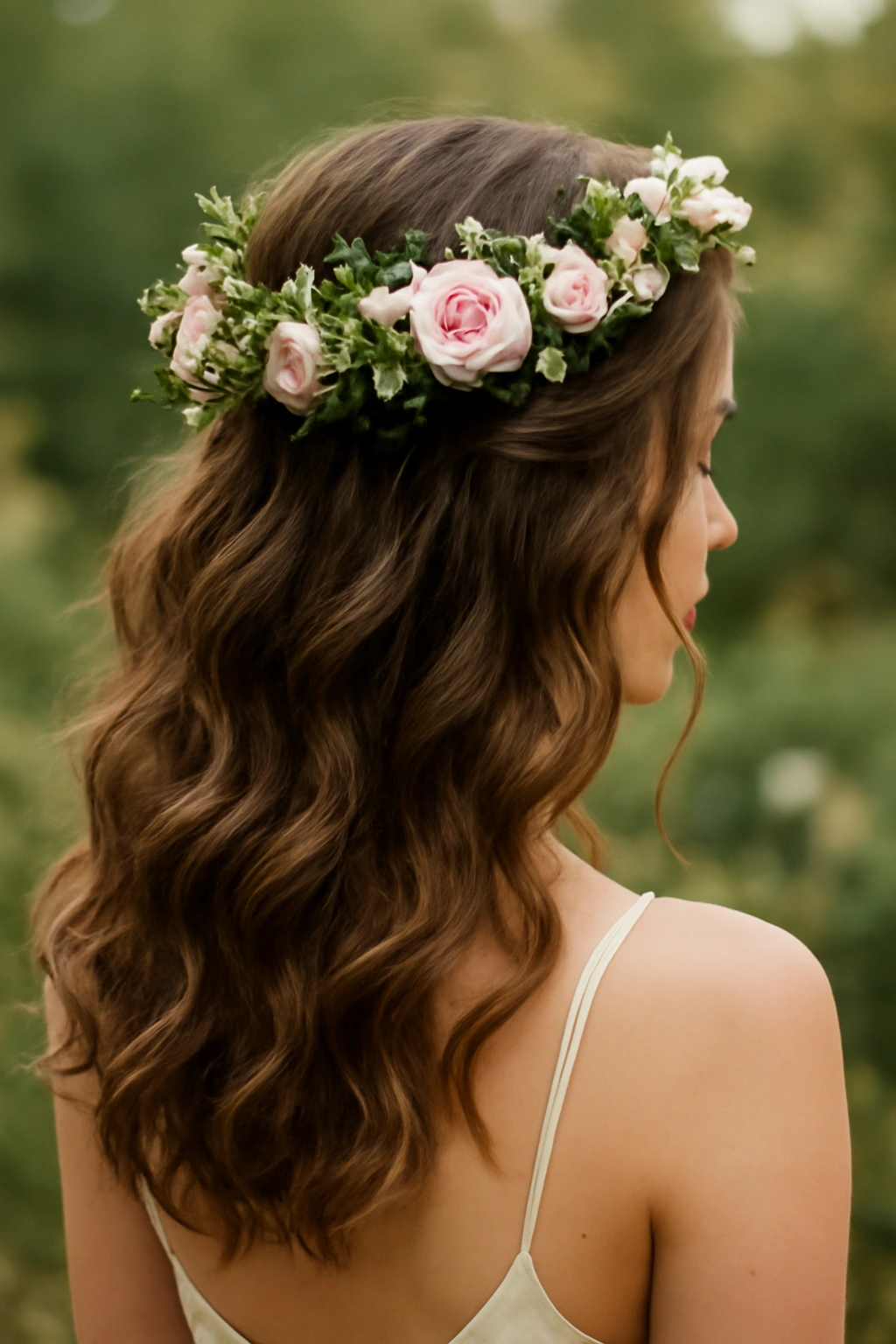 Bridal hairstyle with flower crown and loose curls in natural light