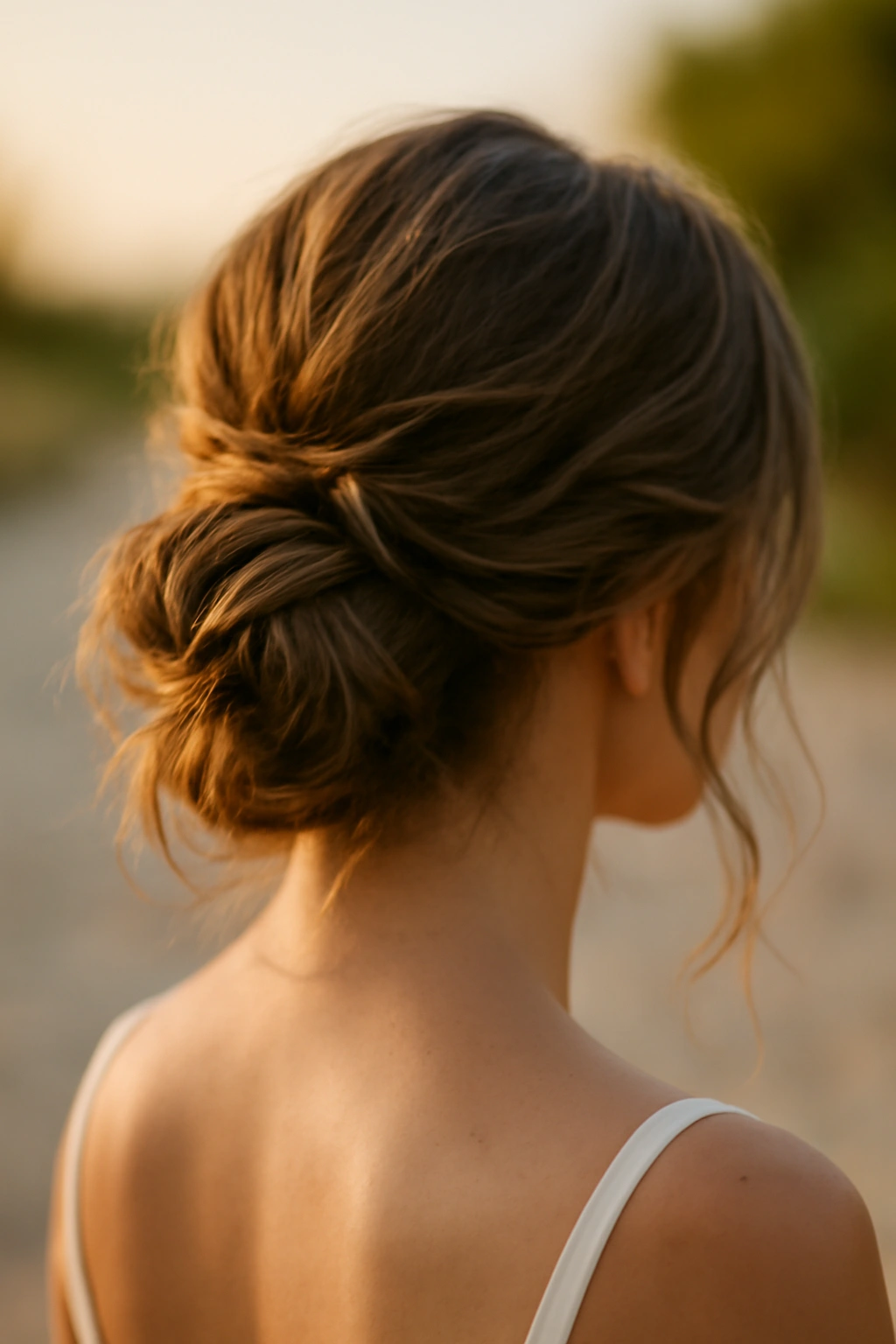 Low tousled chignon with textured waves and soft undone look