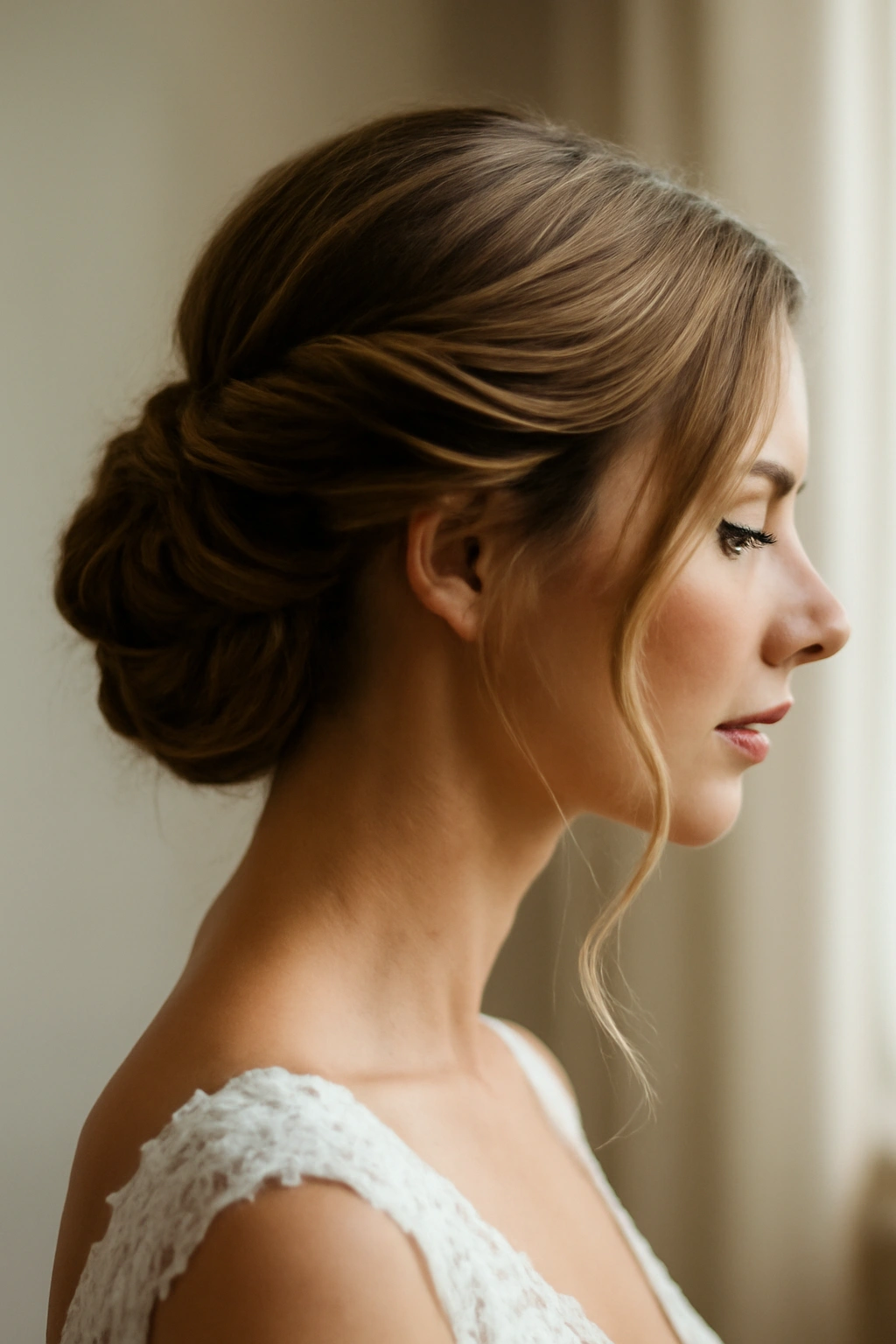 Twisted side updo with spiral twists and soft framing