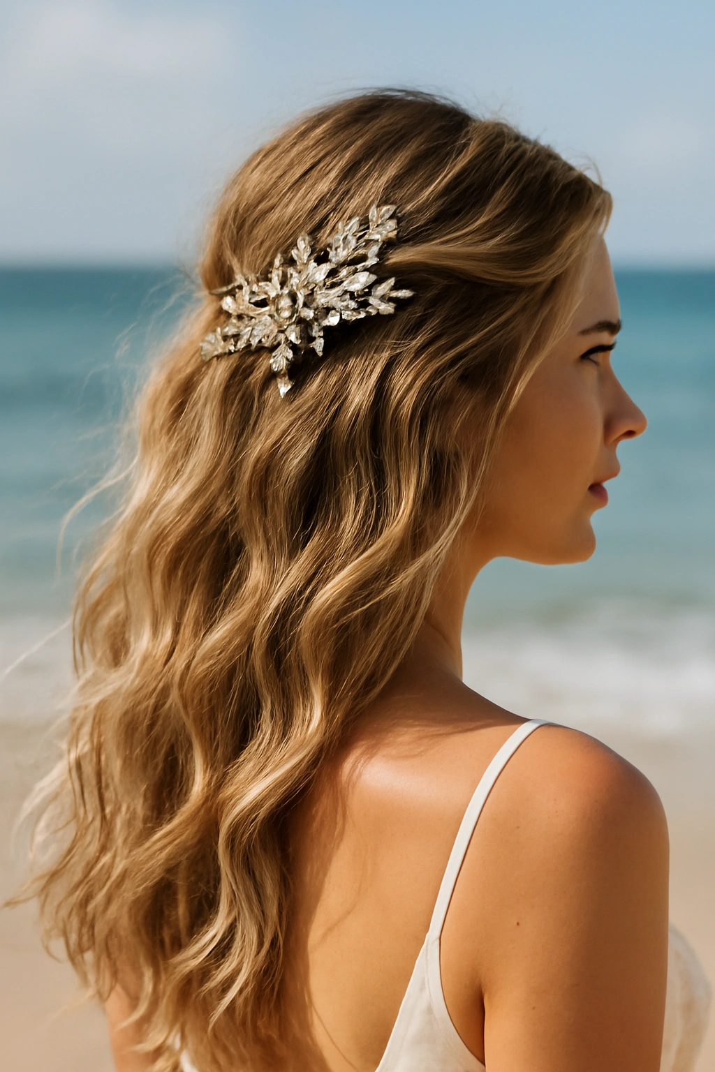 Beachy waves with decorative hairpiece at seaside