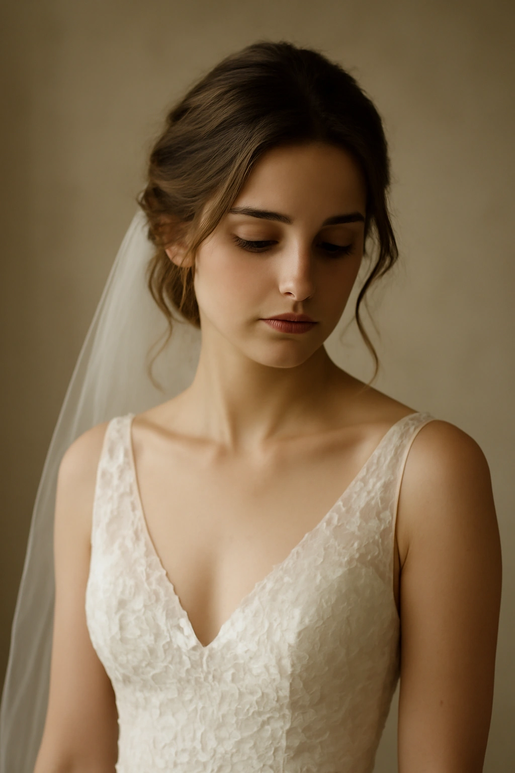 Bridal figure in soft light, contemplative pose in a neutral setting.