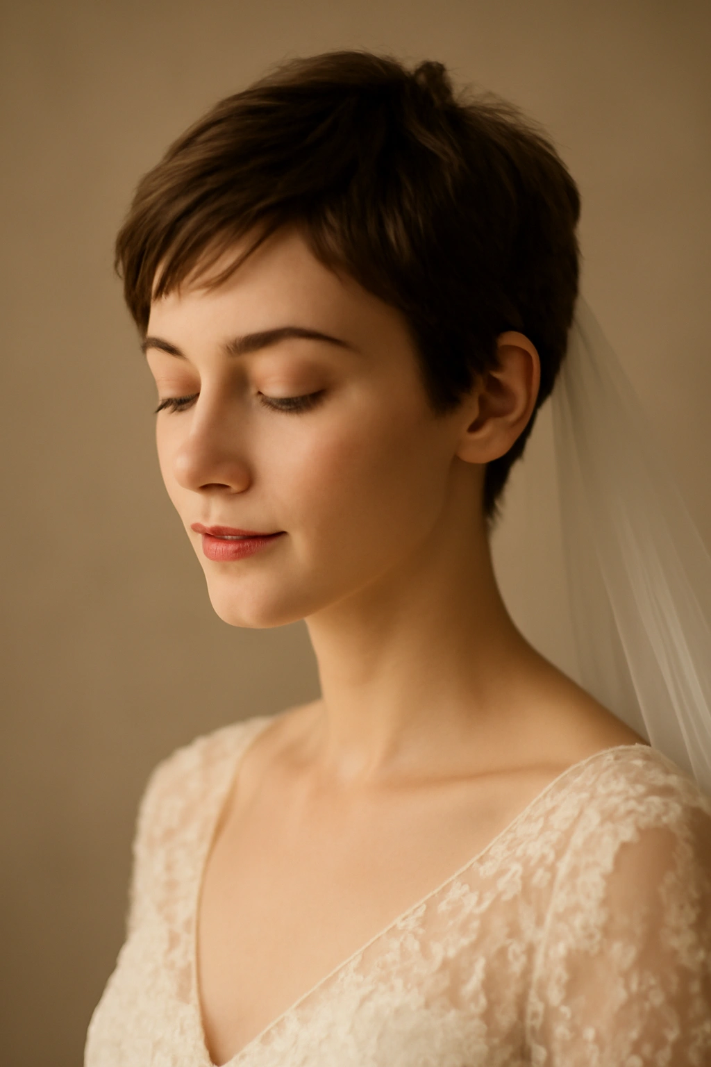 Bridal portrait with short hair conveying calm confidence.