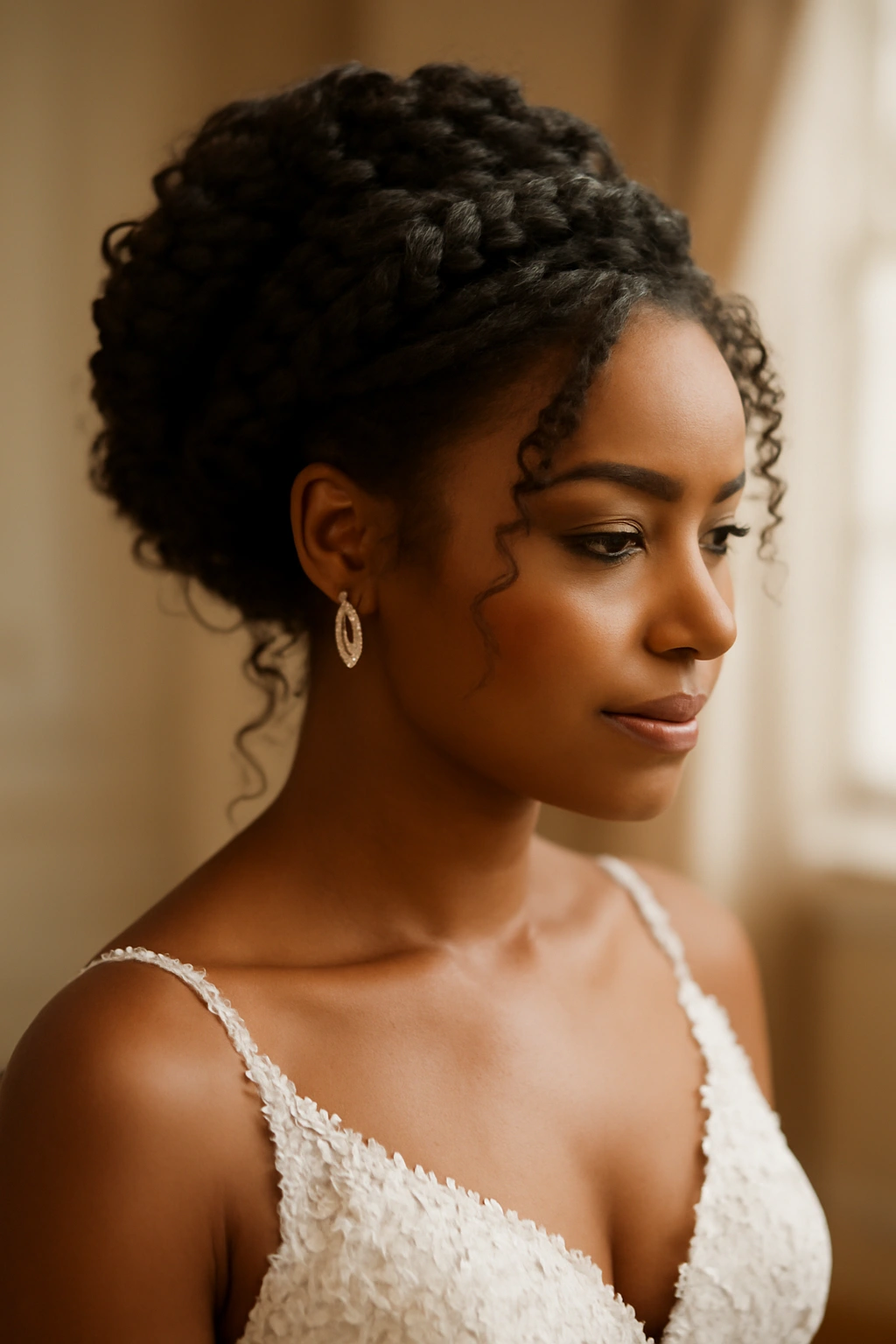 Close-up of a Black bride with a braided curly updo in a warmly lit bridal suite