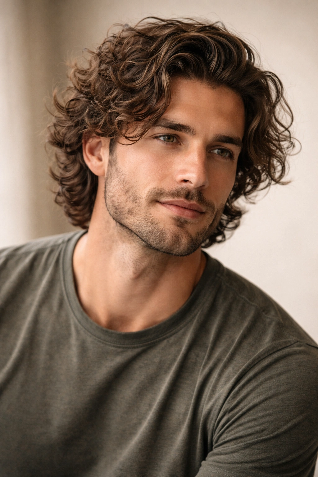 Portrait of a man with long curly top and tapered sides in bro flow style.