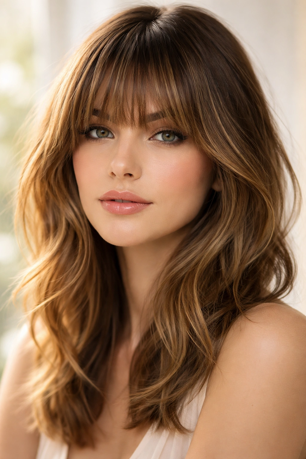 Close-up of bronde bangs with highlights on medium-length hair