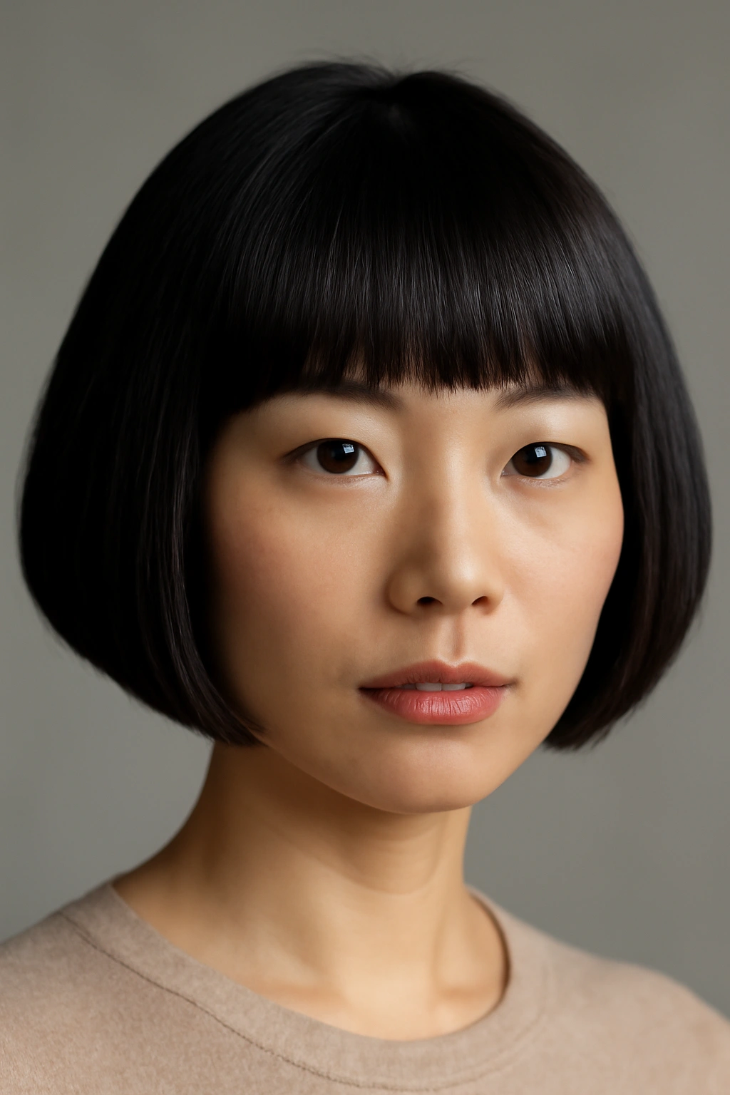 Close-up of Asian woman with blunt-edge bubble bob and curved crown.