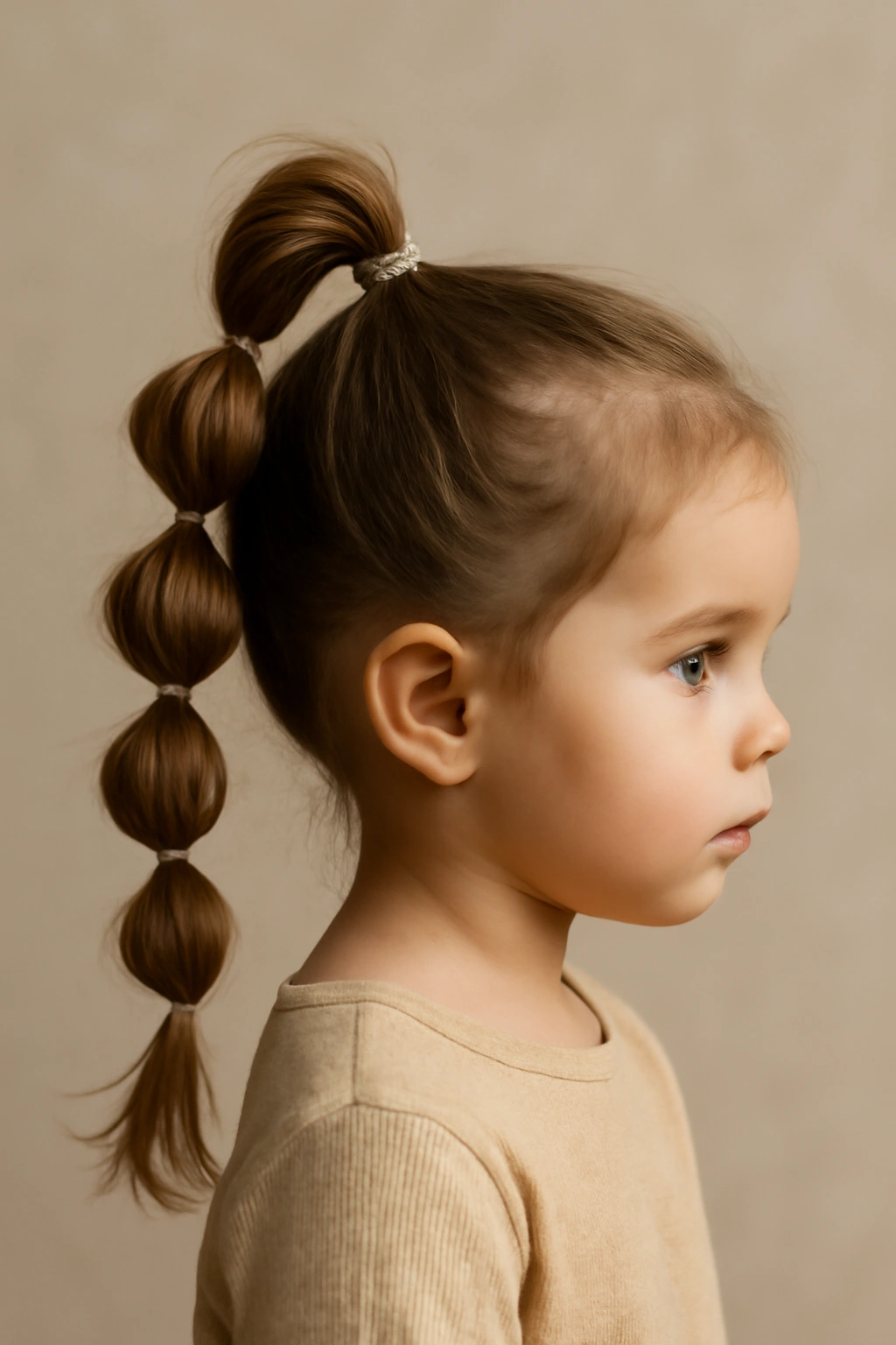 Bubble braid with stacked elastic-secured bubbles on a toddler