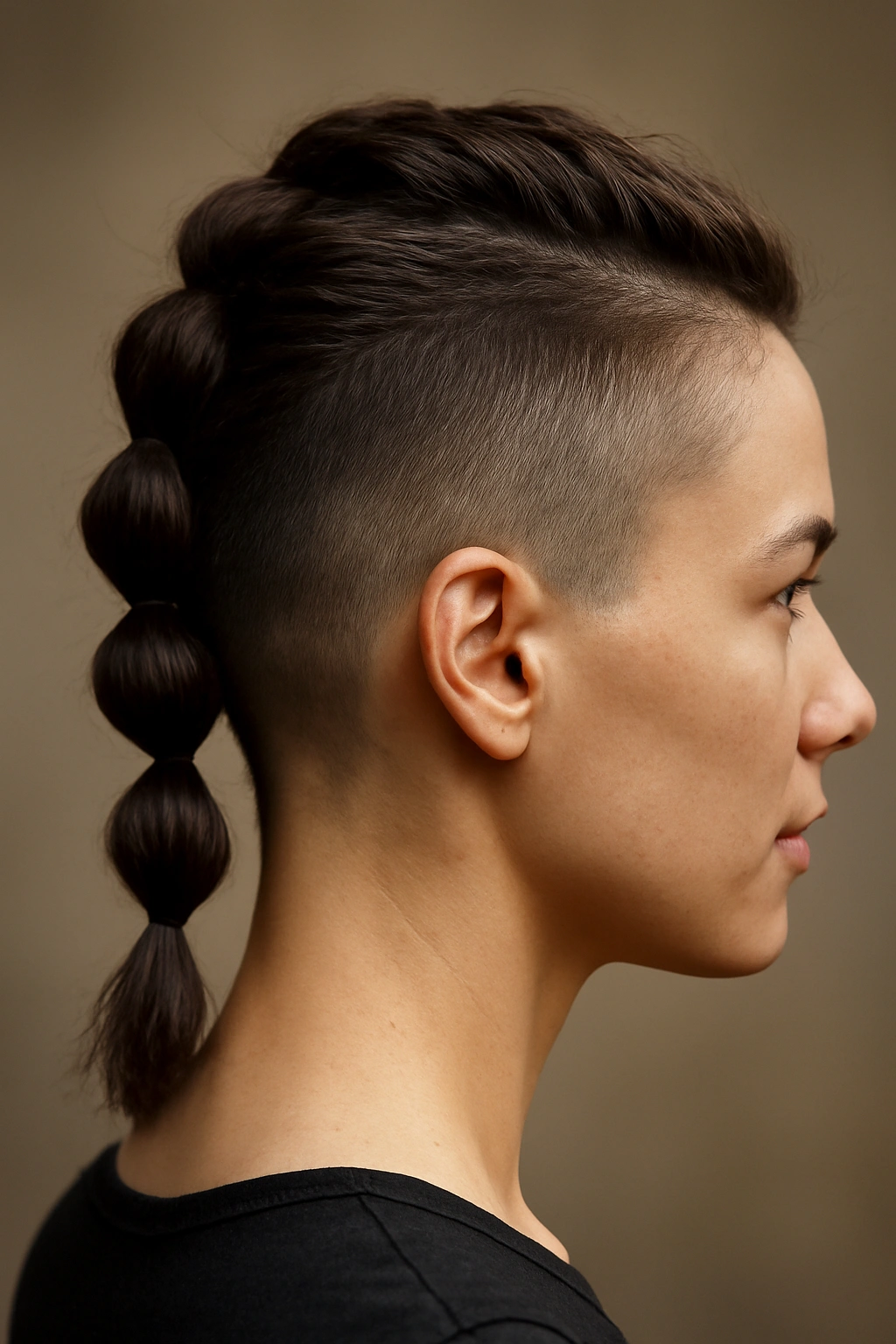 Close-up of bubble braid on short undercut with textured bubble sections