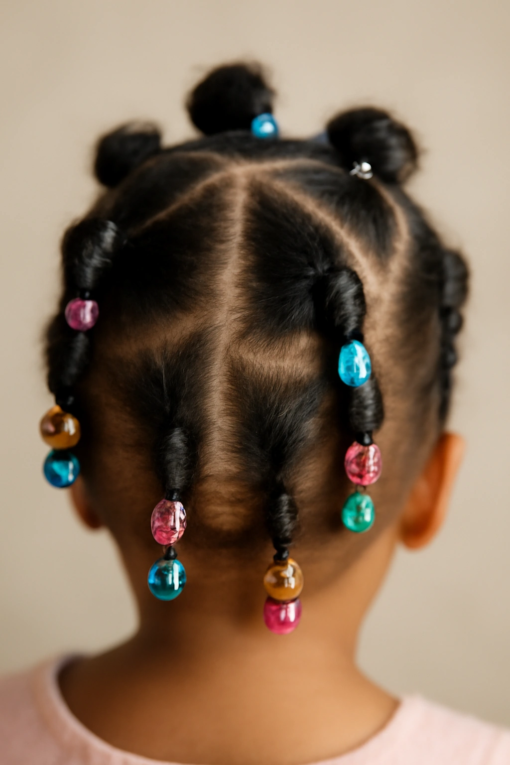 Top-down view of toddler crown with bubble braids and beads