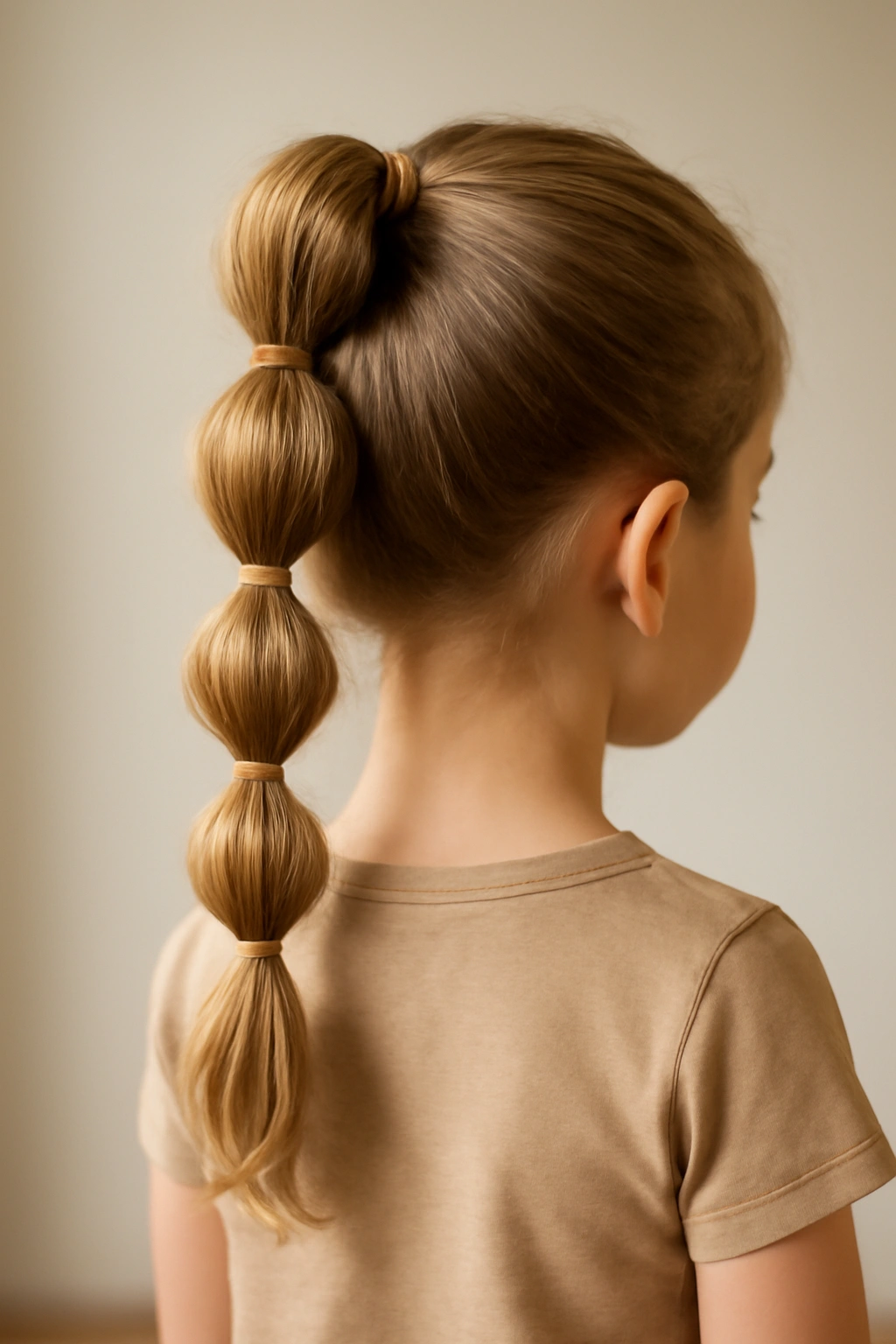 Close-up of bubble braids with evenly spaced elastics creating large bubbles along a ponytail