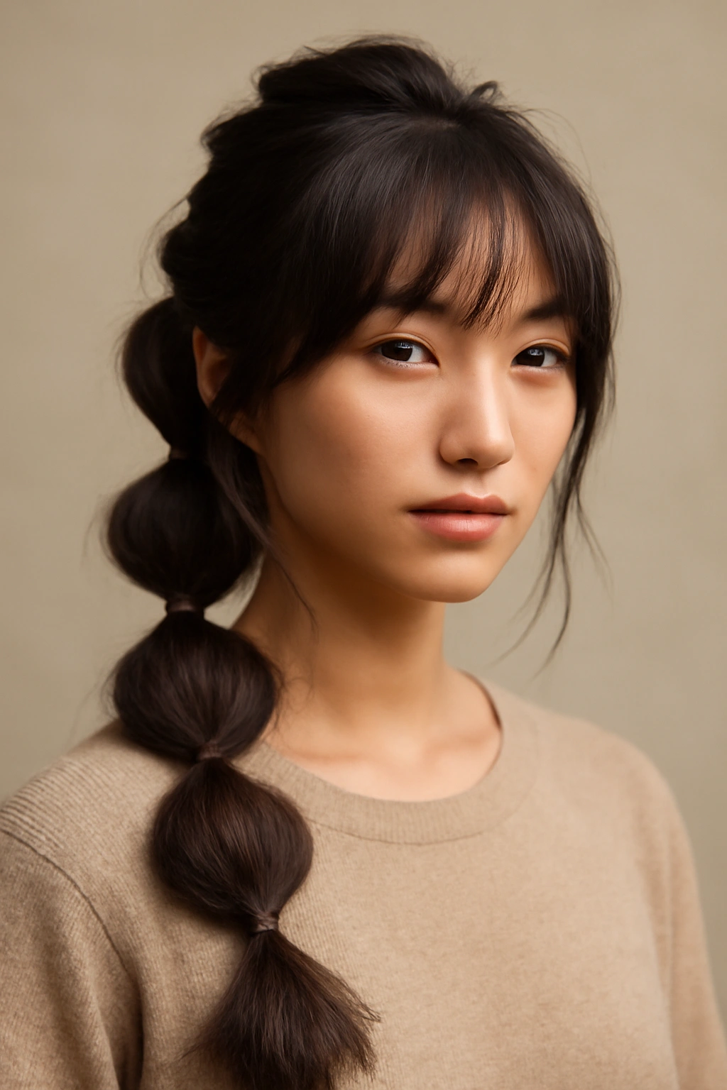 Portrait of a person with bubble braids and integrated layers showing sculpted bubble sections