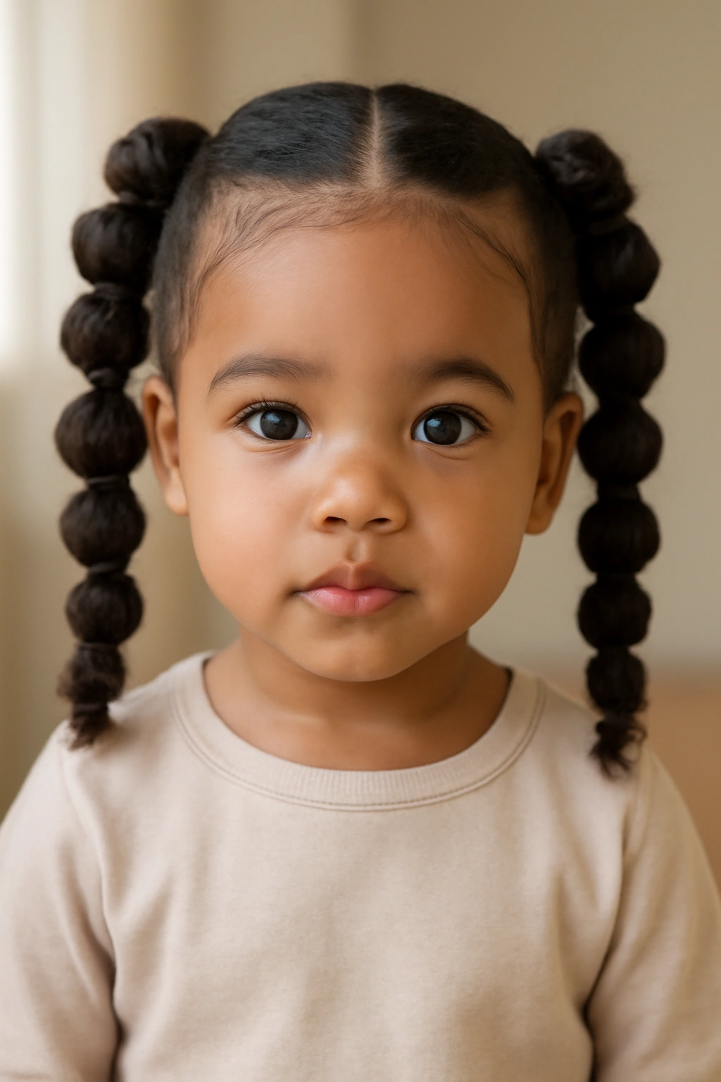 Close-up of a toddler with bubble braids featuring puffed sections