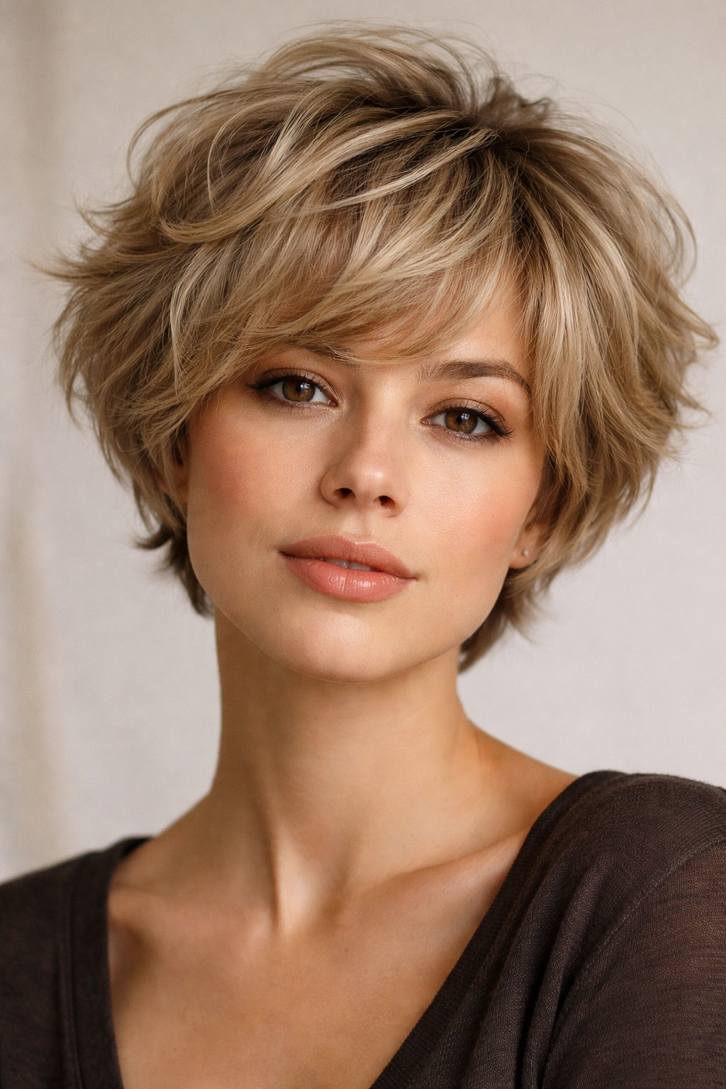 Close-up portrait of a person with a textured bubble cut hairstyle showing rounded full shape