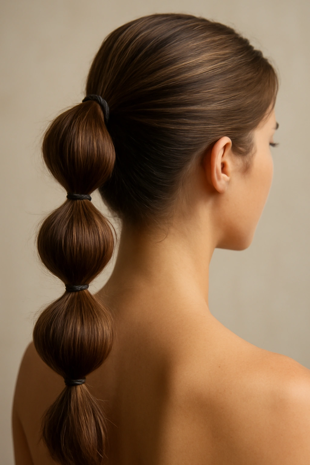 Close-up of a voluminous bubble ponytail with stacked elastics for a wedding-ready look