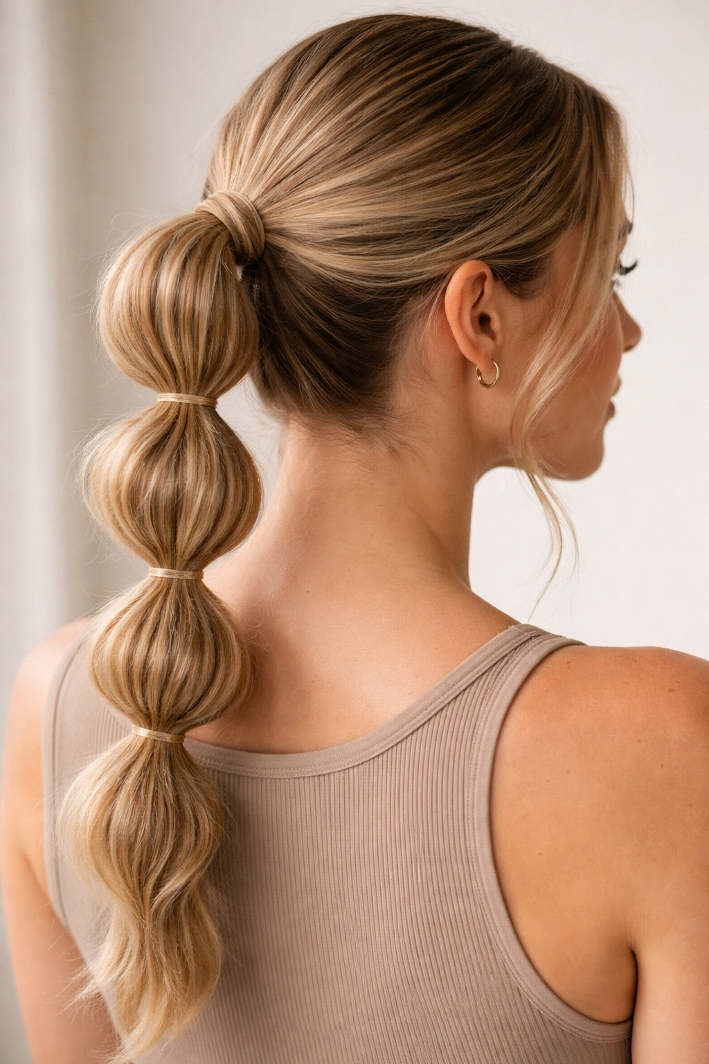 Bubble ponytail with evenly spaced bubbles along the length.