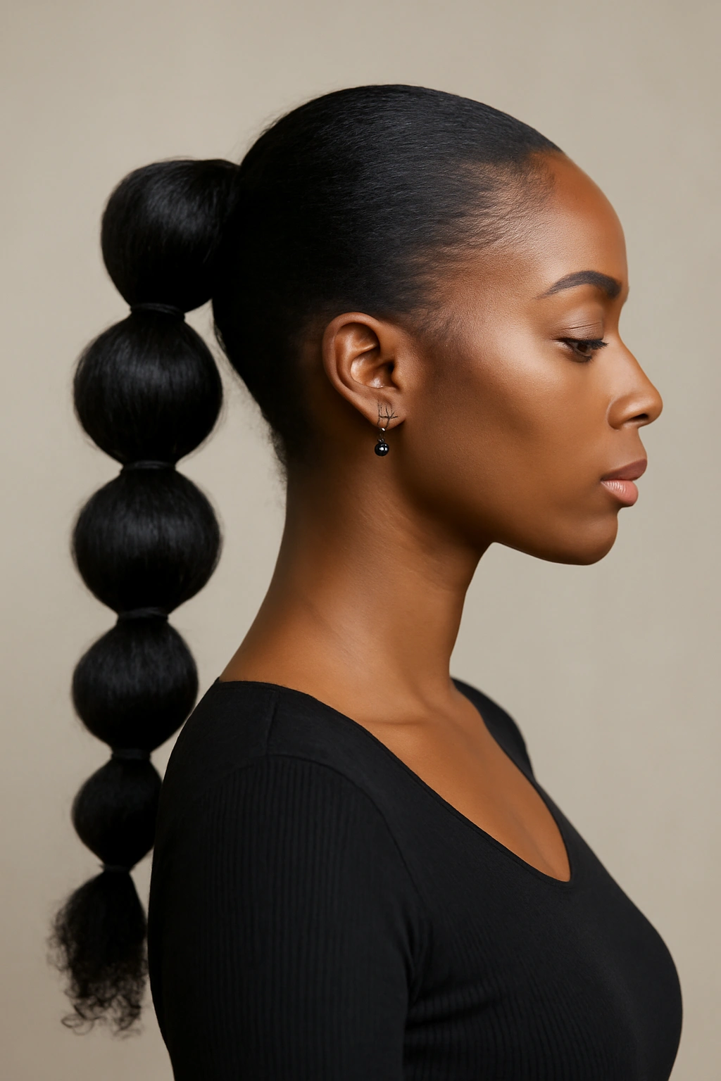 Close-up of a Black woman with bubble ponytail and braided section