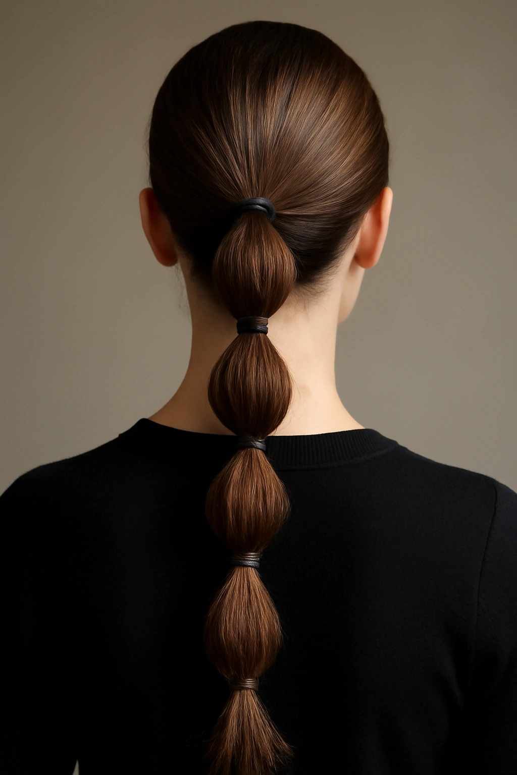 High bubble ponytail with multiple bubbles formed by elastic bands