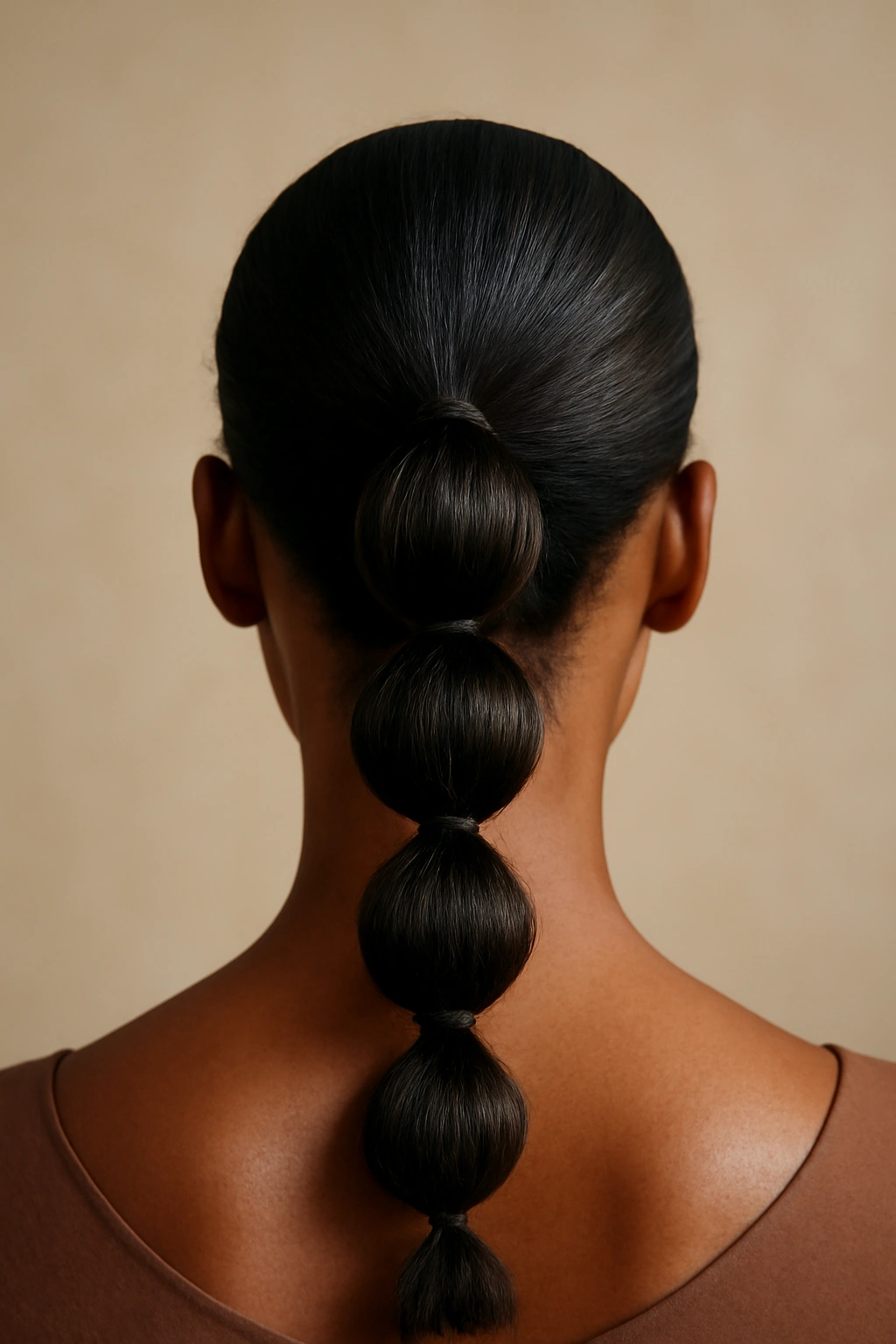 Back view of a bubble ponytail with evenly spaced elastic segments along a mid-length ponytail
