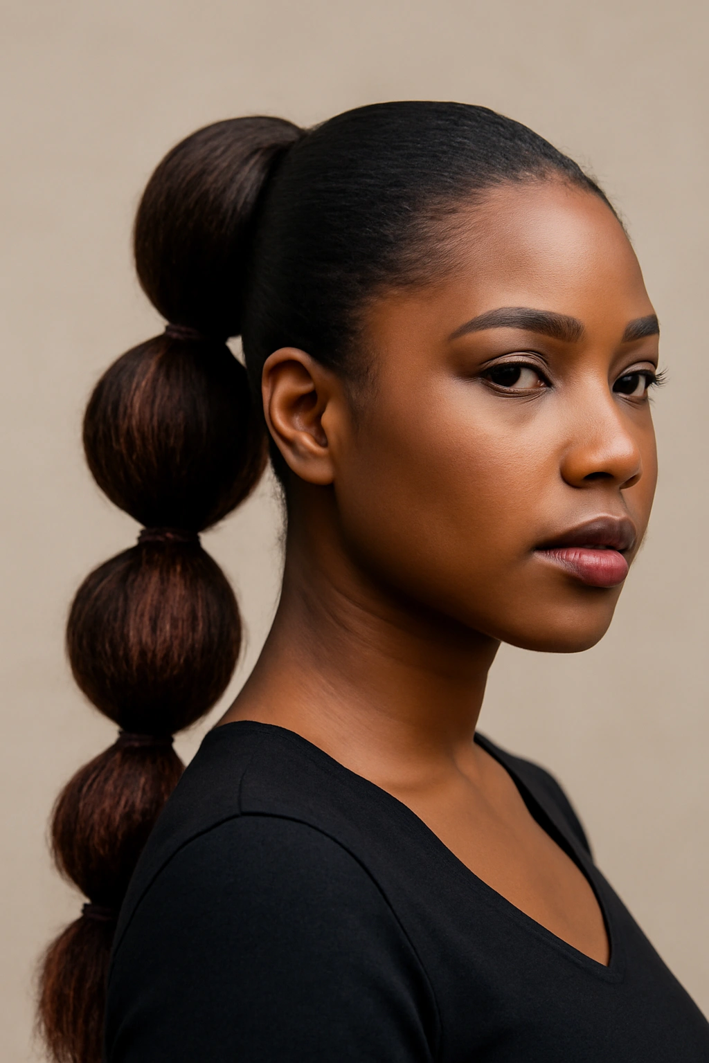 Close-up of a Black woman with hidden layer bubble ponytail