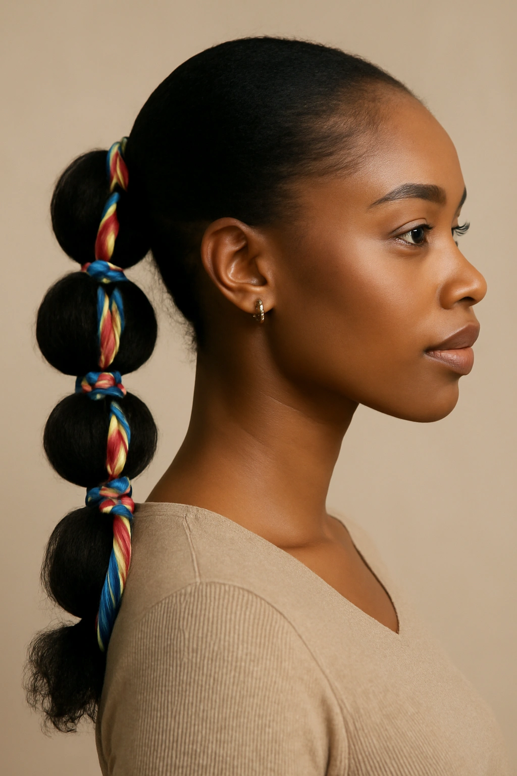 Portrait of a Black woman with bubble ponytail woven with a ribbon