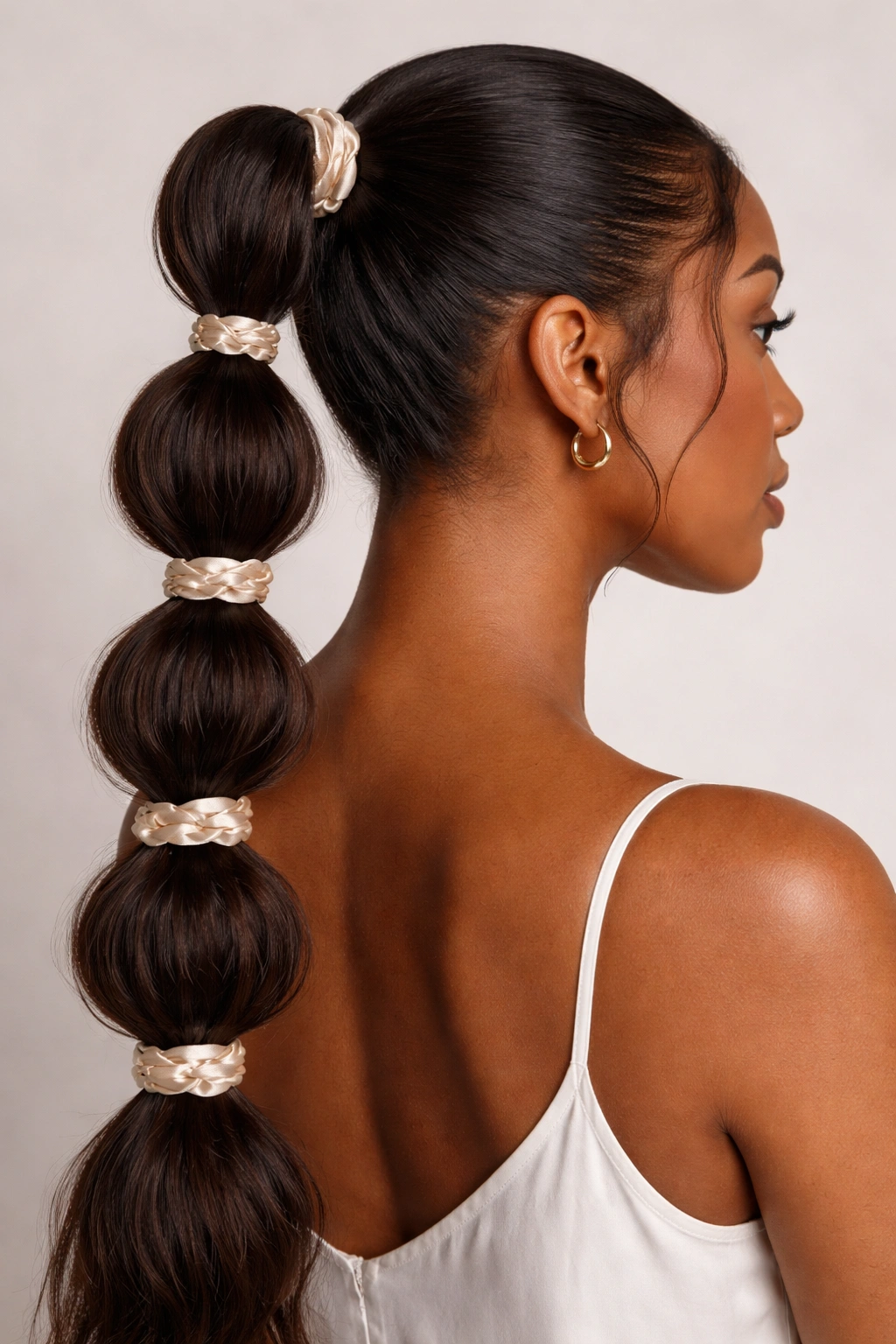 Close-up of a polished bubble ponytail with silk satin ties on a high ponytail
