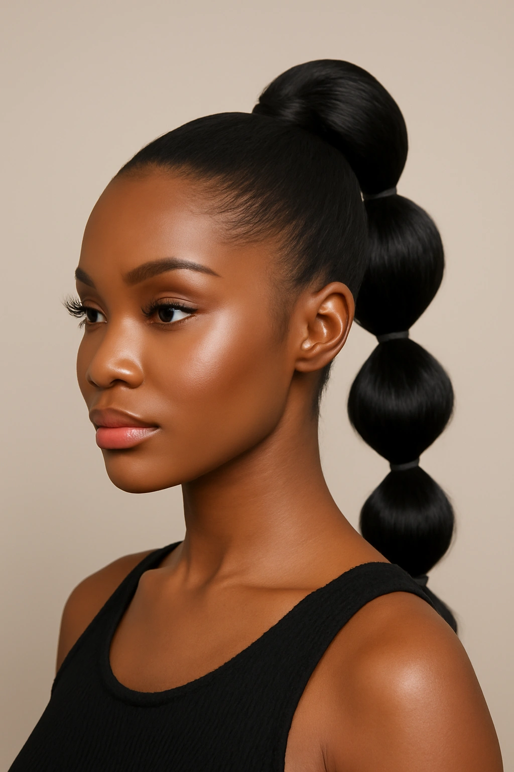 Close-up of a Black woman with a sleek high bubble ponytail showing four bubbles and a smooth crown