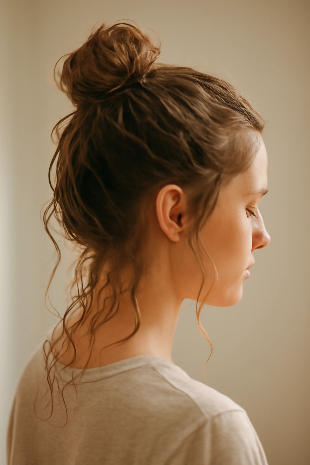 Side profile of damp hair in a loose high bun for soft waves