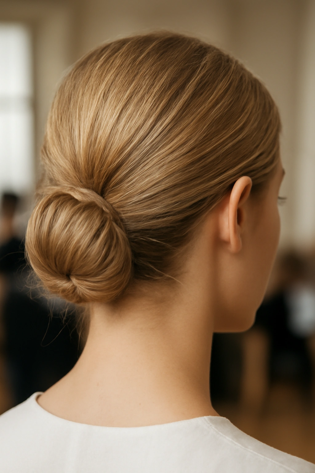 Polished bun with horizontal and interior pins securing base