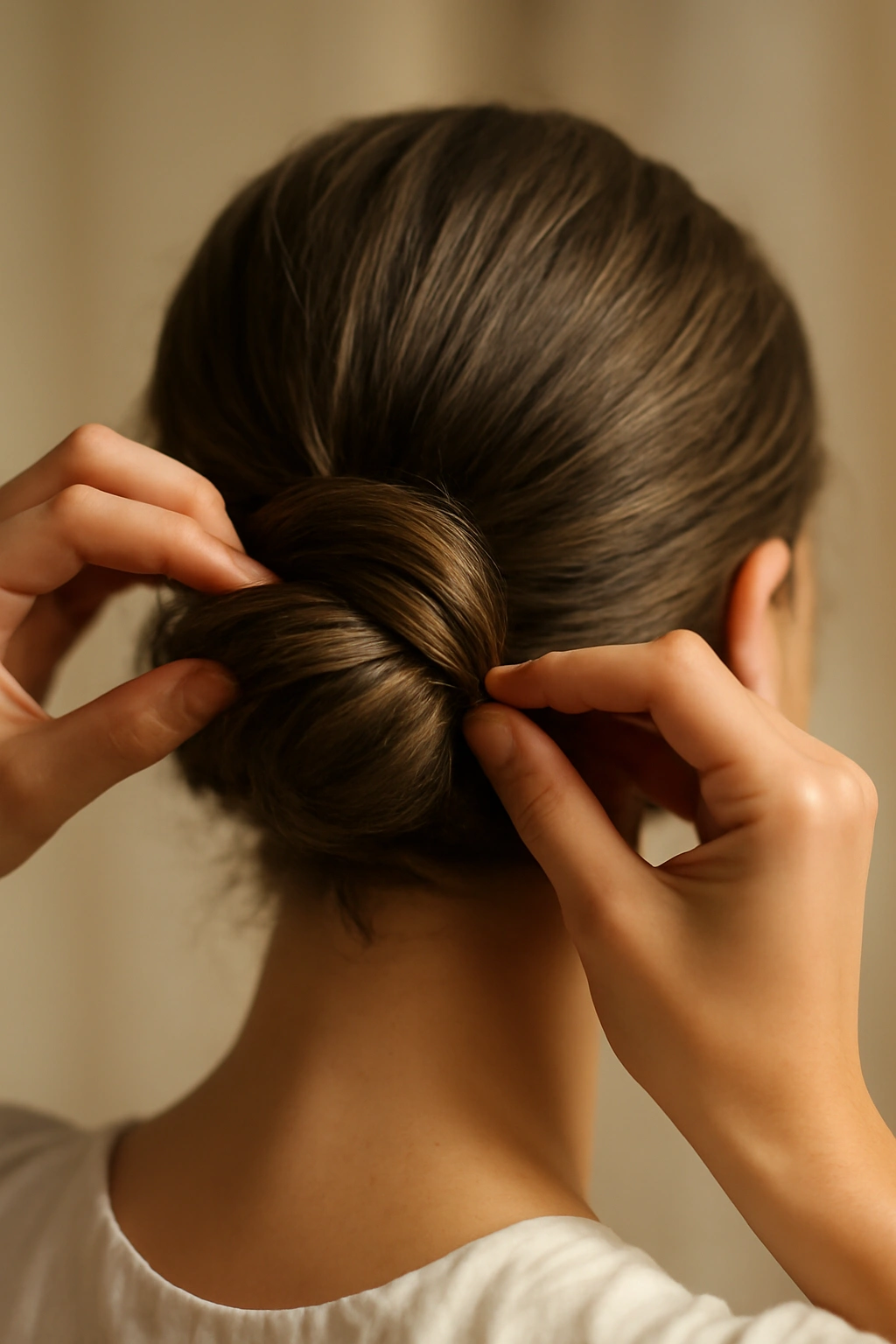 Close-up of hair twisted around elastic to form a bun with bobby pins