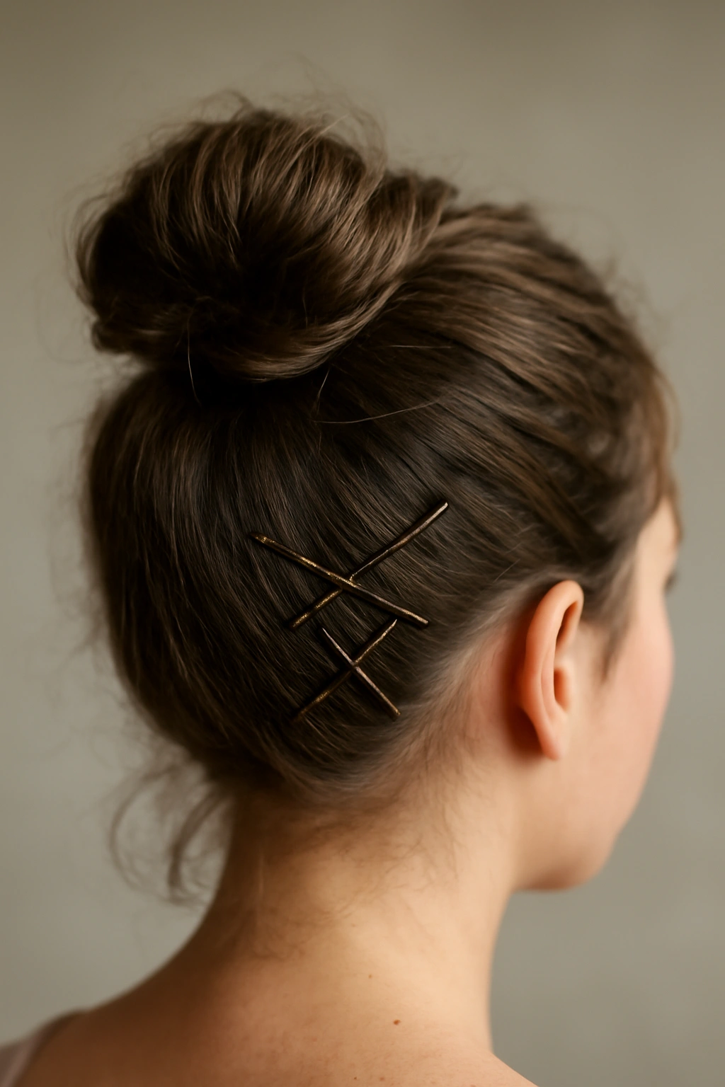 Back view of a short-haired bun with horizontal pins and an X-shaped pin arrangement