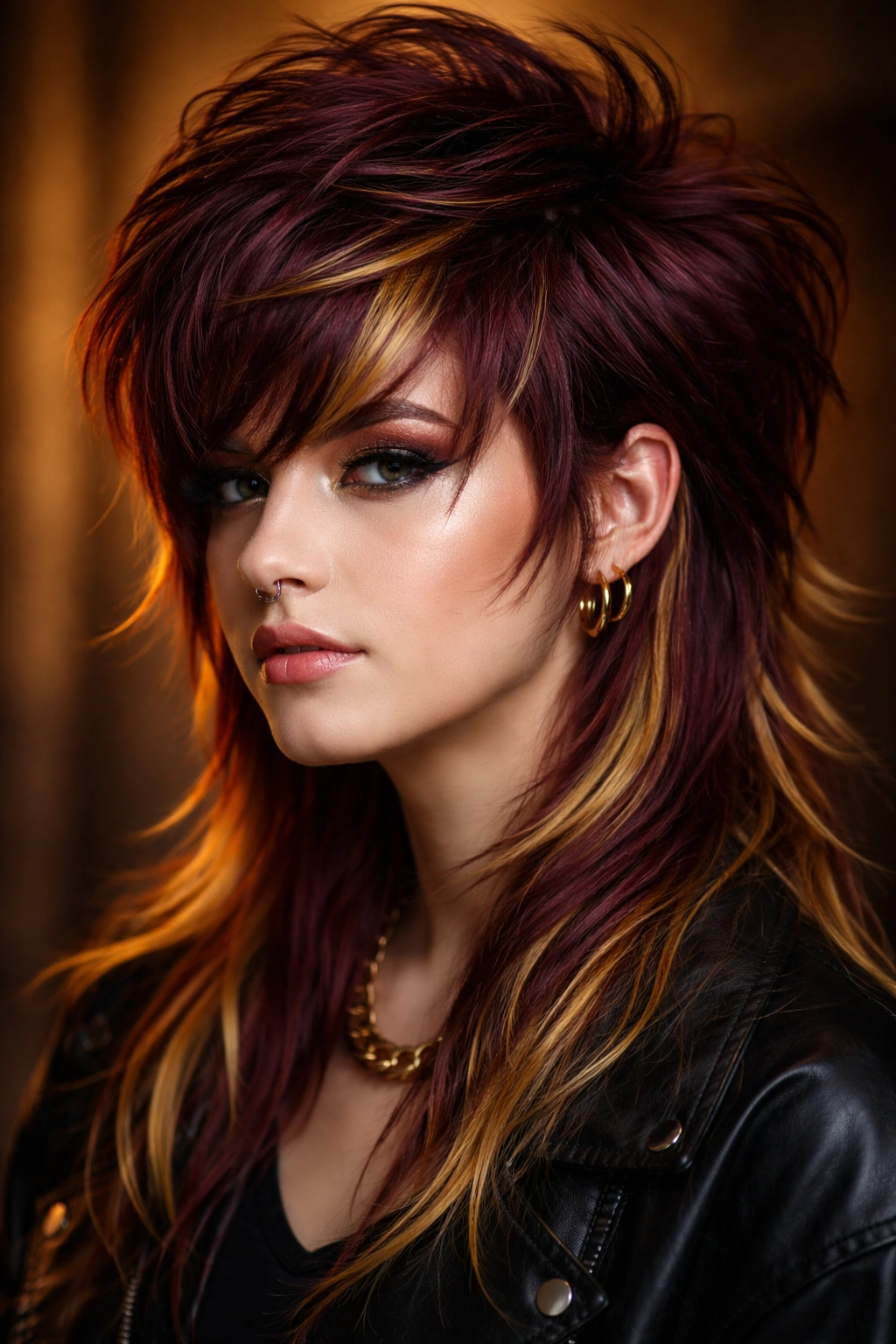 Close-up of burgundy mullet with gold accents under warm studio lighting