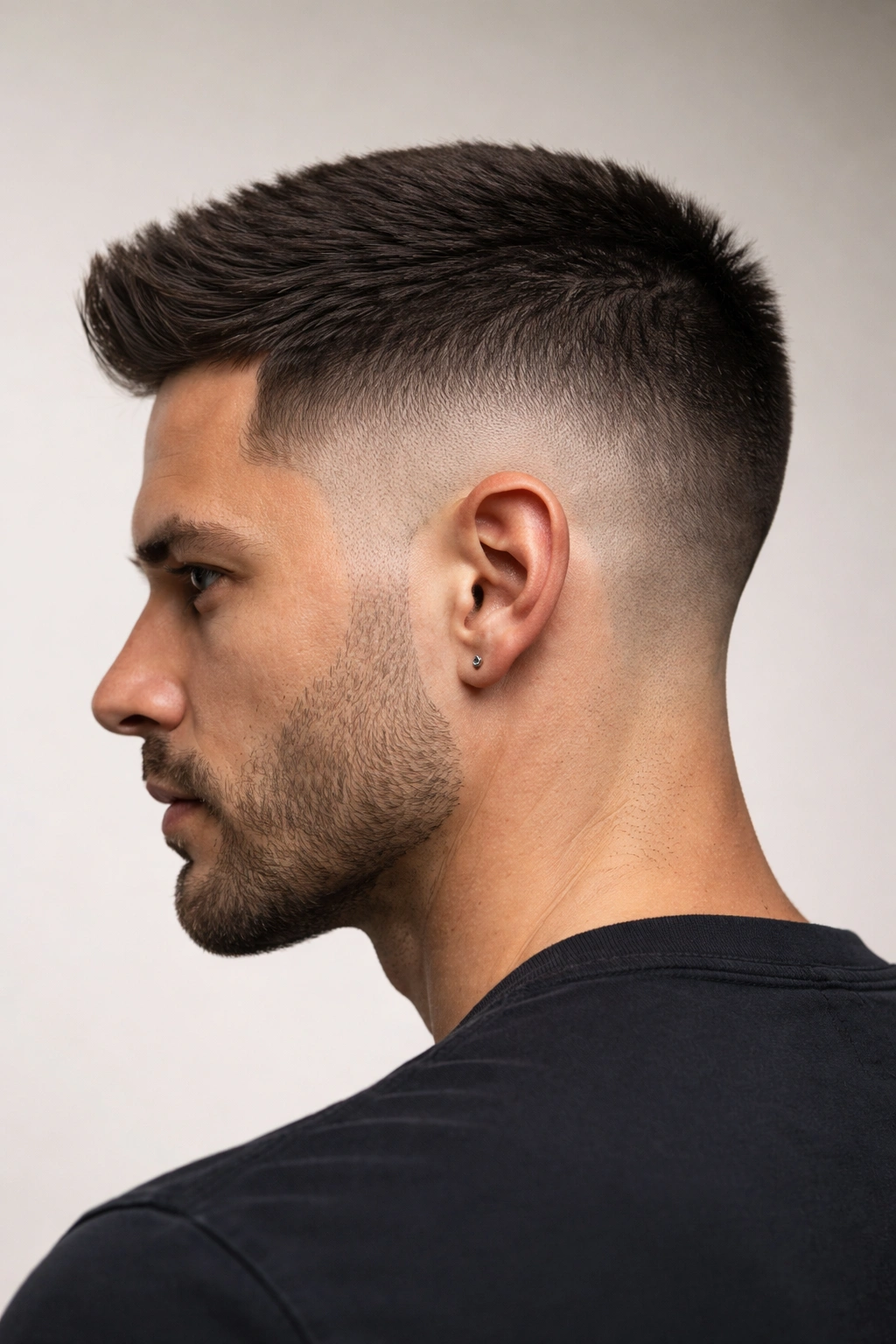 Close-up side profile of a man with a curved burst fade around the ear and a crew cut top.