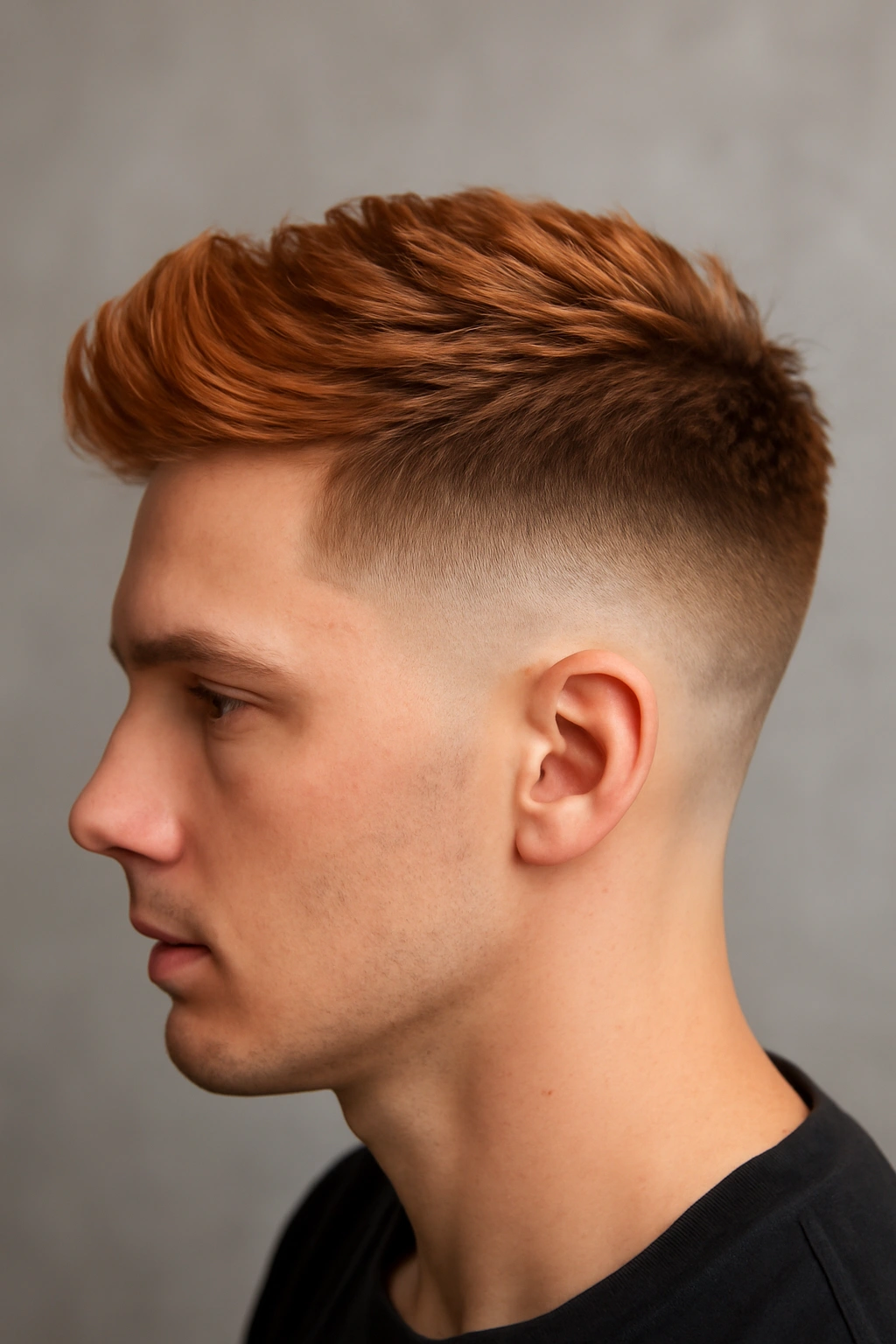 Burst fade with strawberry blonde ombre showing curved fade and warm gradient.