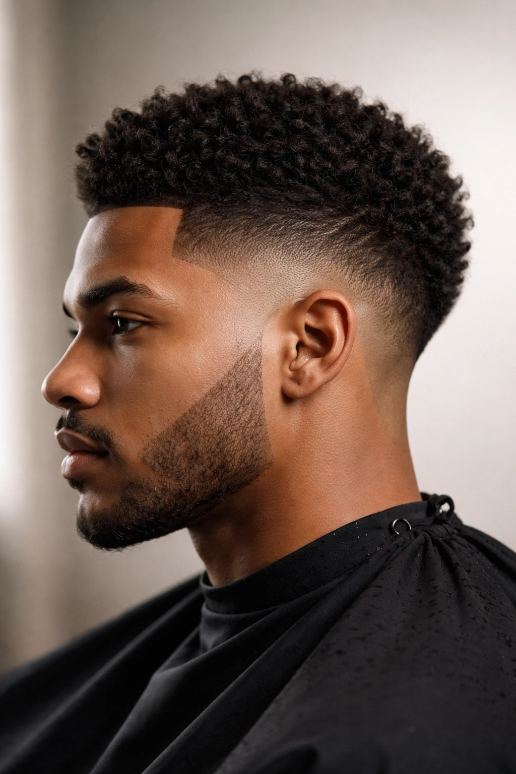 Profile of a man with curved burst fade around temples highlighting head contour