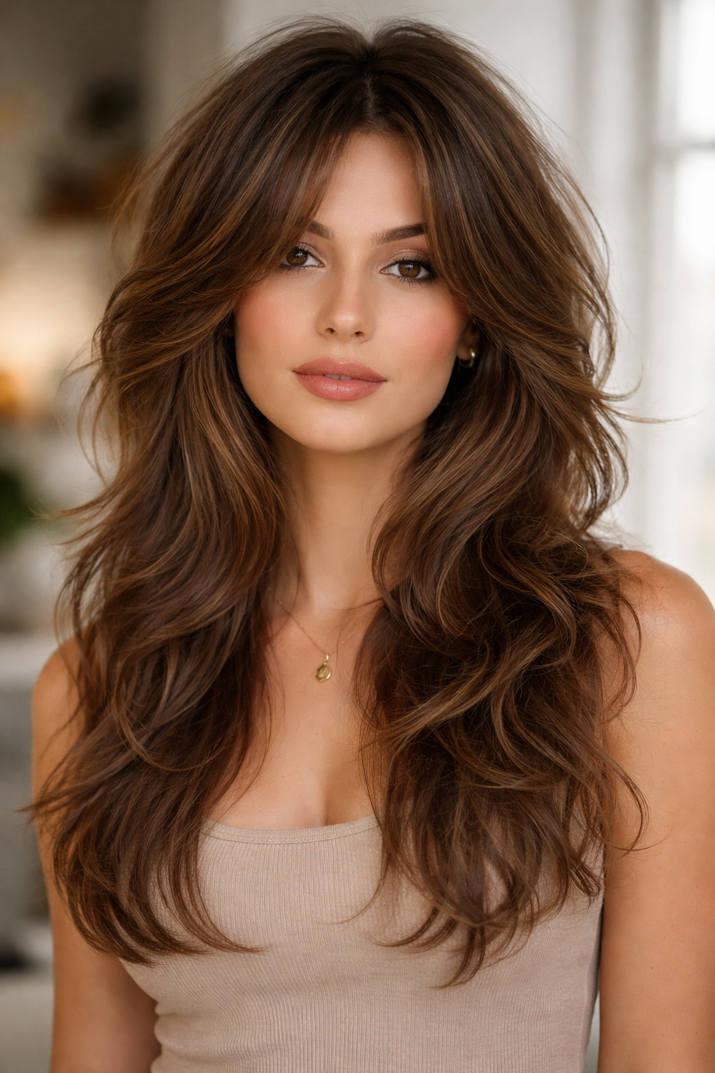 Butterfly cut showing short crown layers and longer back layers on waves