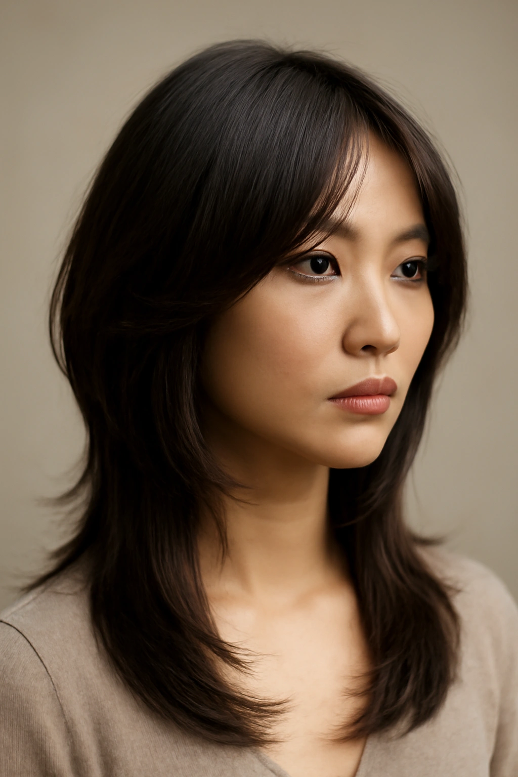 Close-up of butterfly cut hairstyle with face-framing layers and long back, studio lighting.