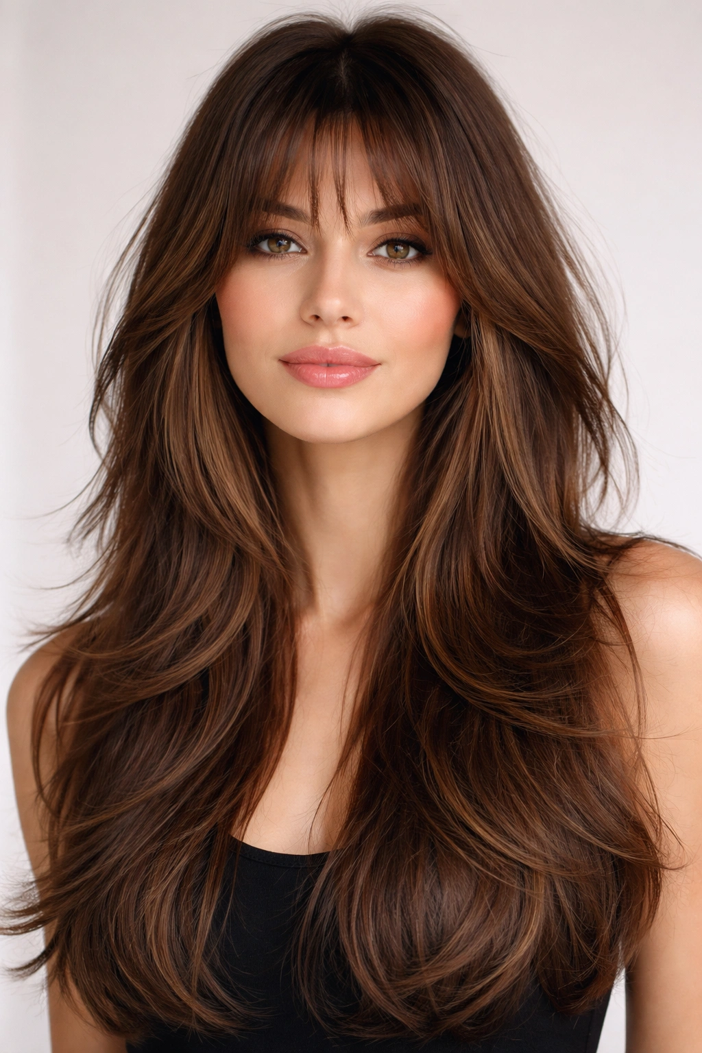 Front view of layered butterfly cut with textured wispy bangs framing the face