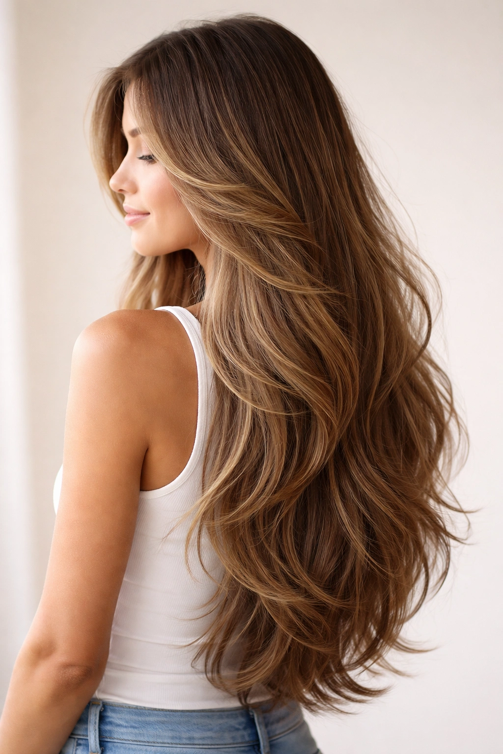 Side view of long hair with subtle butterfly layers showing natural movement