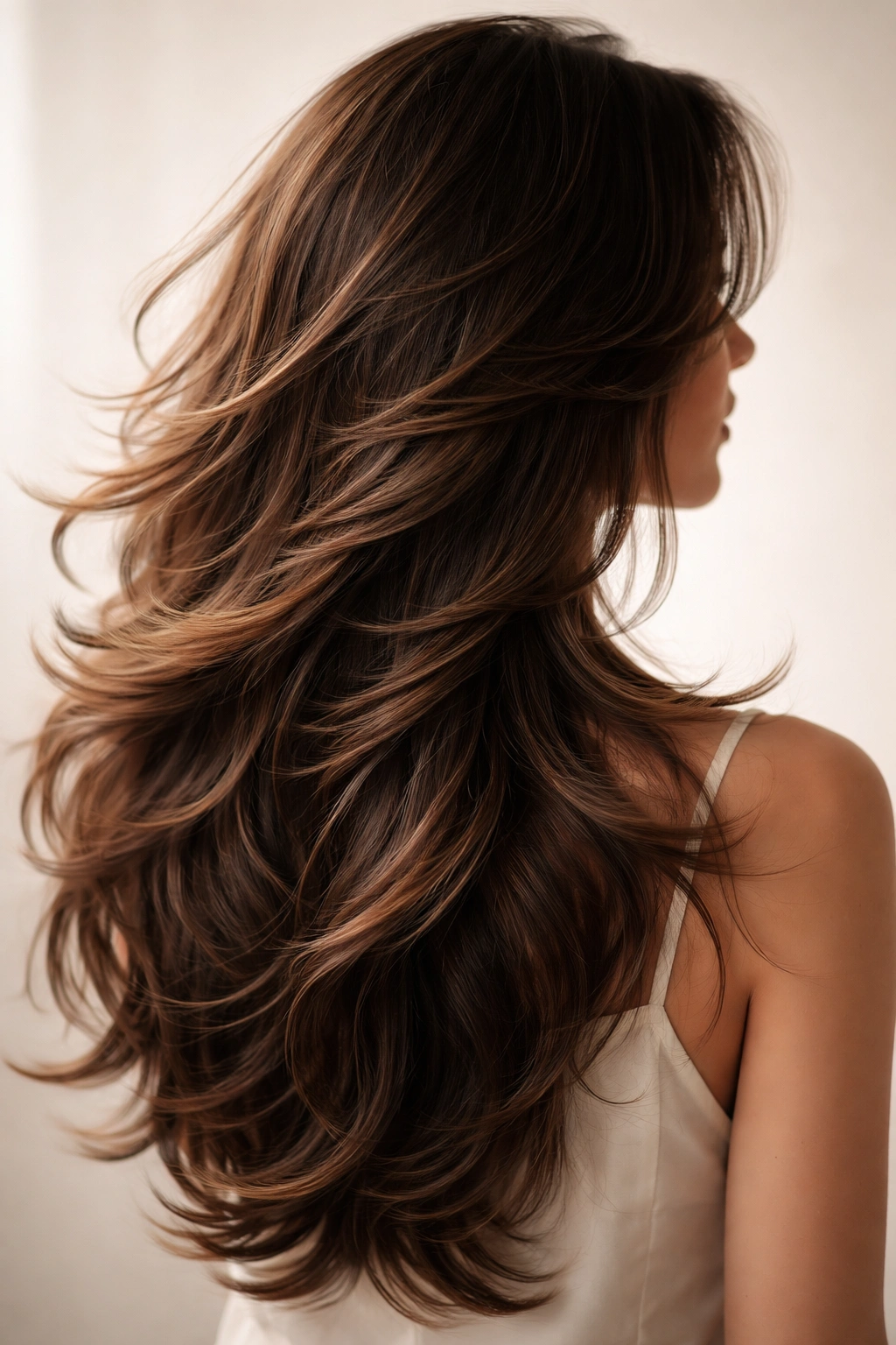  silhouette of head with flowing butterfly cut layers