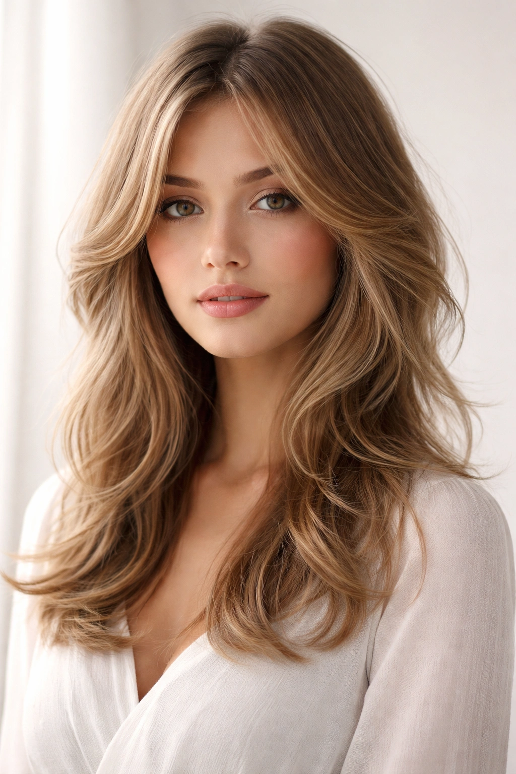 Close-up of wispy butterfly cut with delicate face-framing on medium-length hair in soft daylight