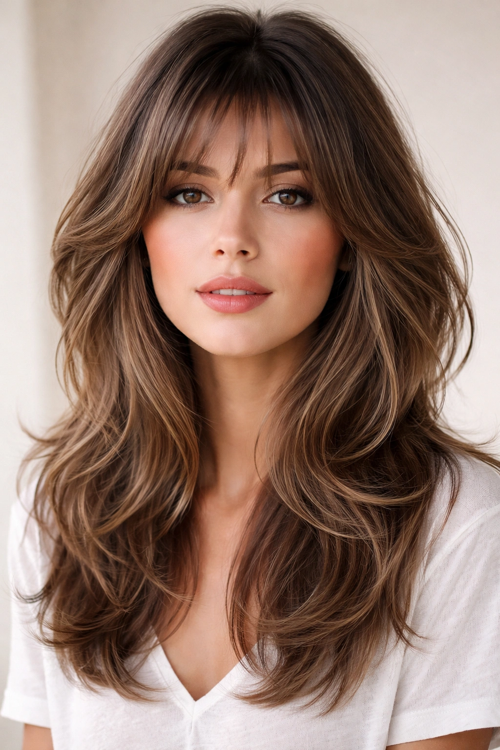 Head-and-shoulders view of butterfly layers with soft wispy bangs.